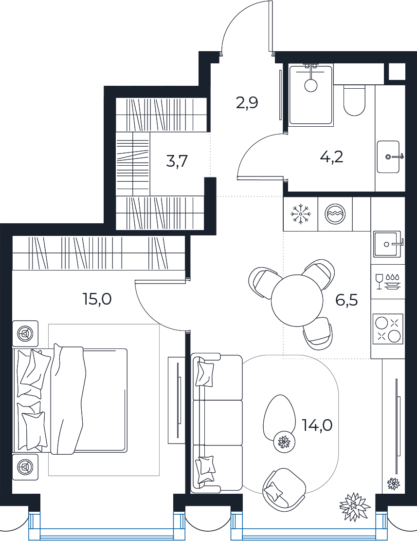 Планировка: 1-комнатная квартира, 46,3 м²