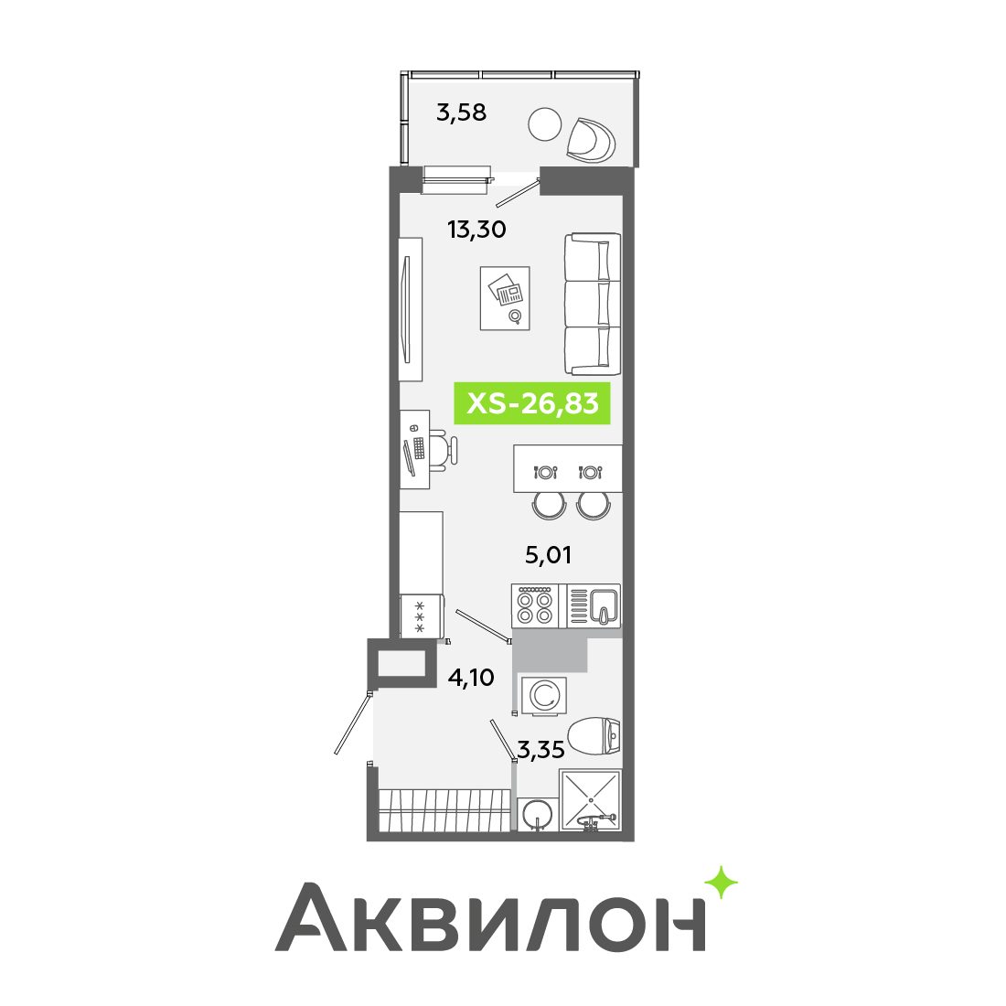 Планировка: студия, 26,8 м²