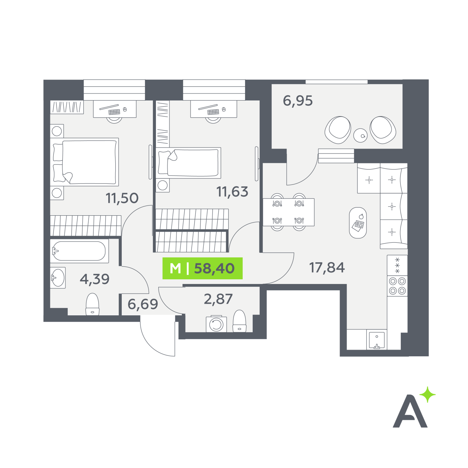 Планировка: 3-комнатная квартира, 58,4 м²