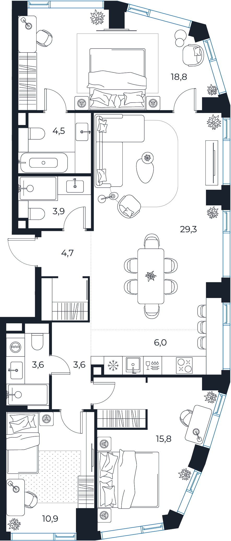 Планировка: 3-комнатная квартира, 101,1 м²