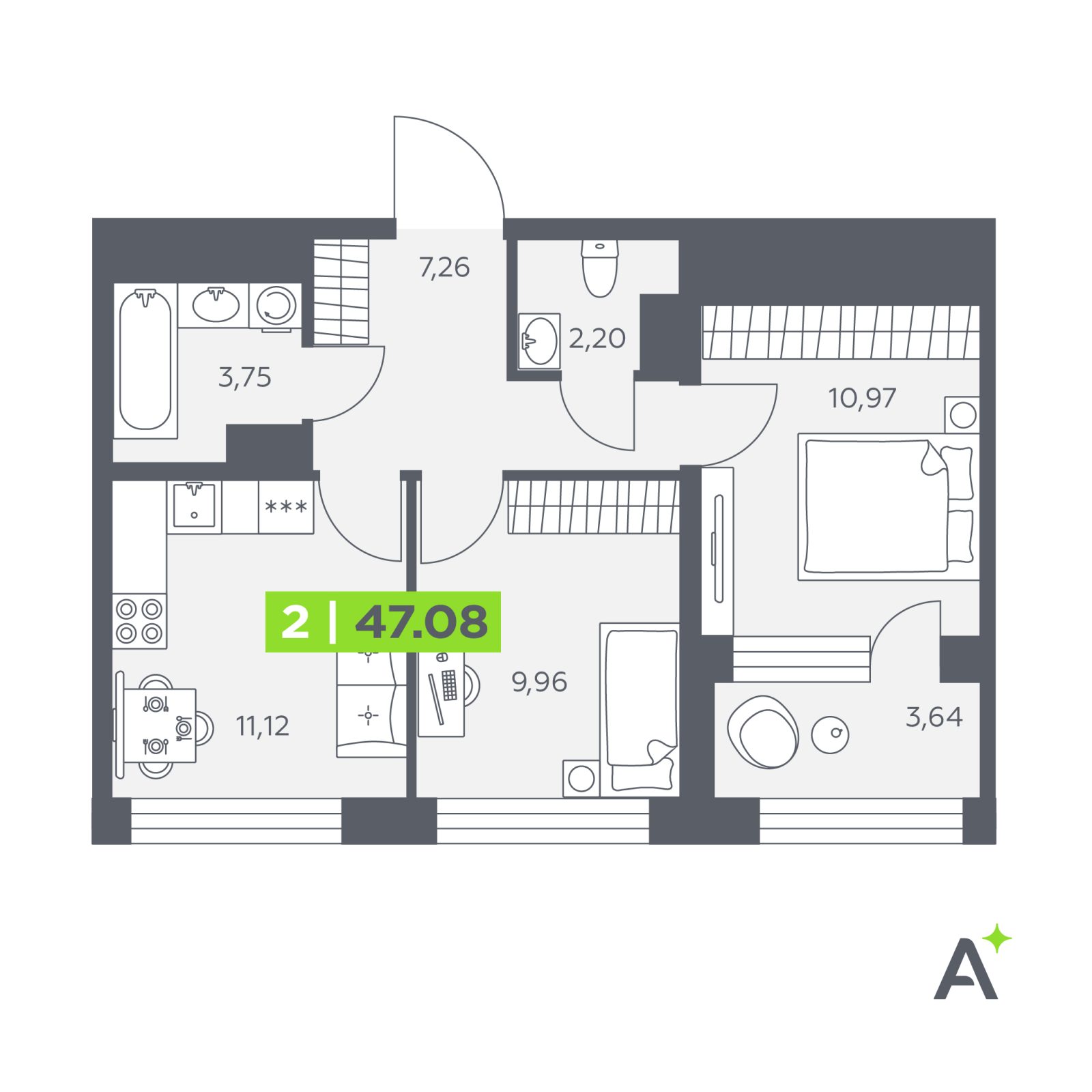 Планировка: 2-комнатная квартира, 47,1 м²