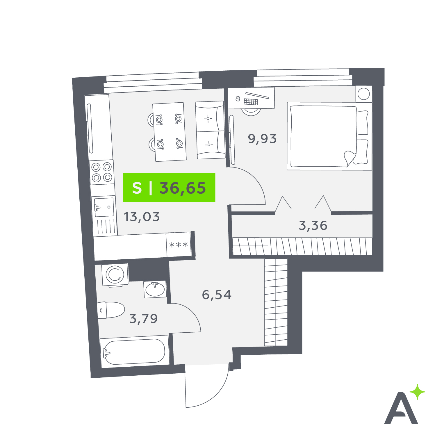 Планировка: 2-комнатная квартира, 36,7 м²