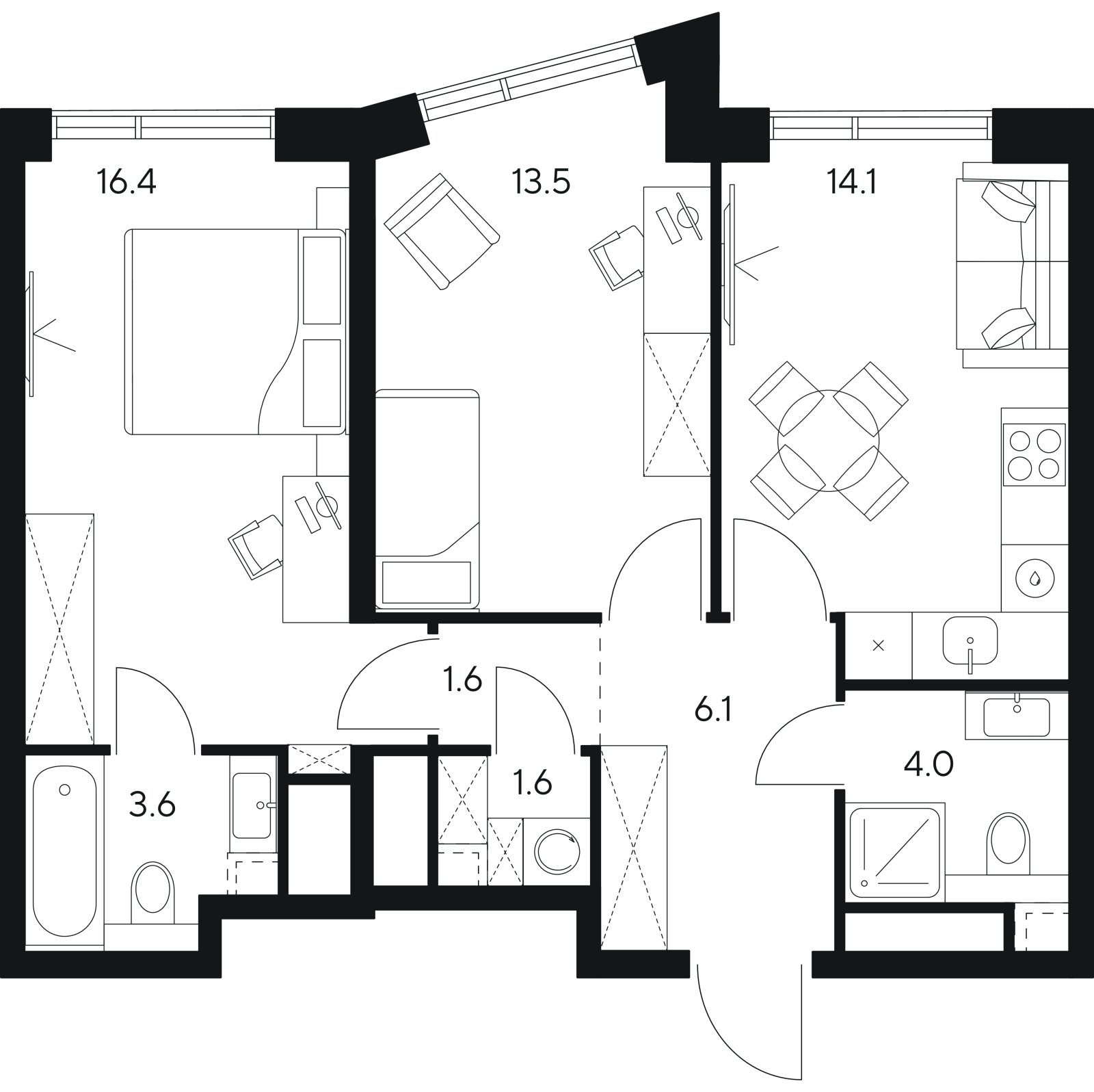 Планировка: 2-комнатная квартира, 60,9 м²