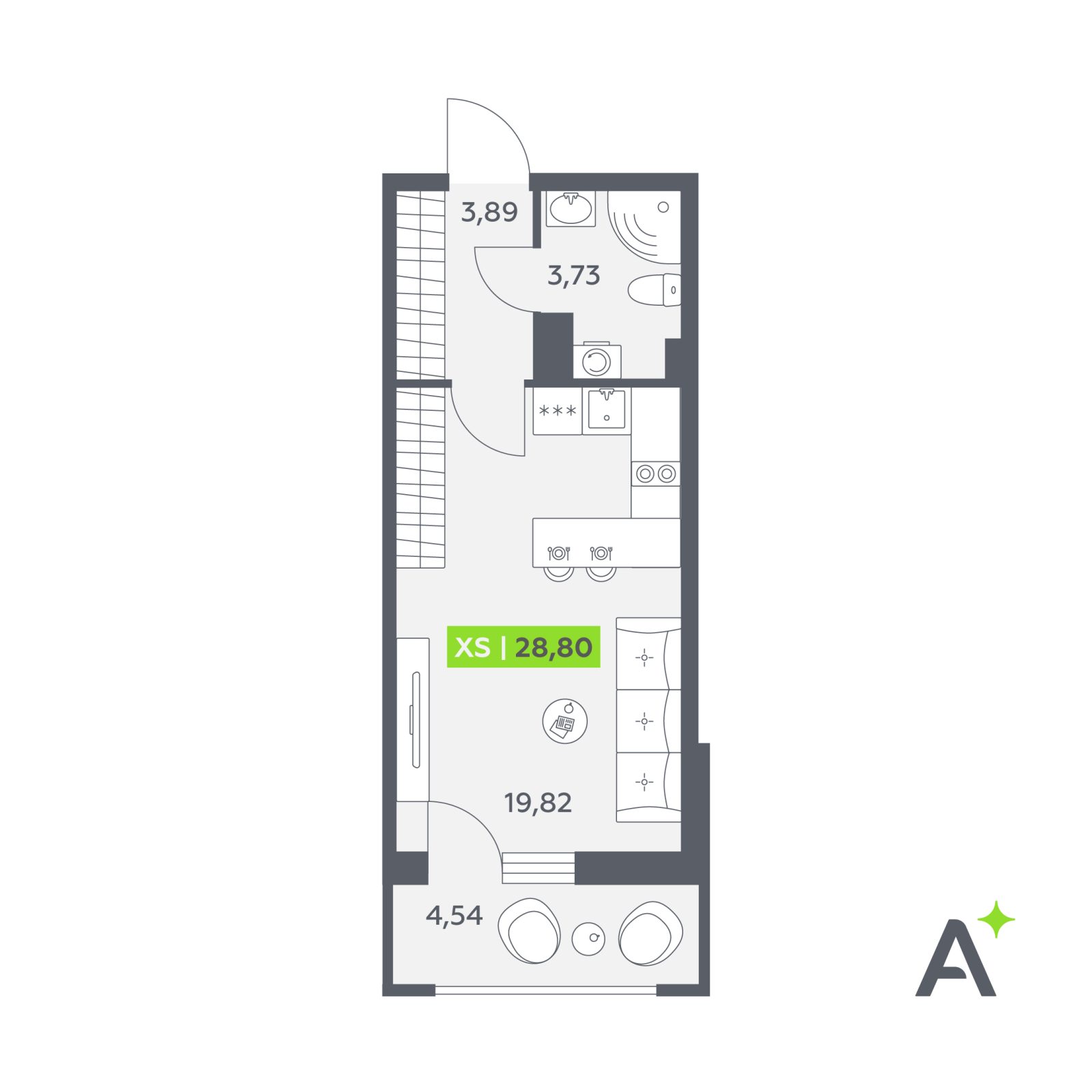 Планировка: студия, 28,8 м²