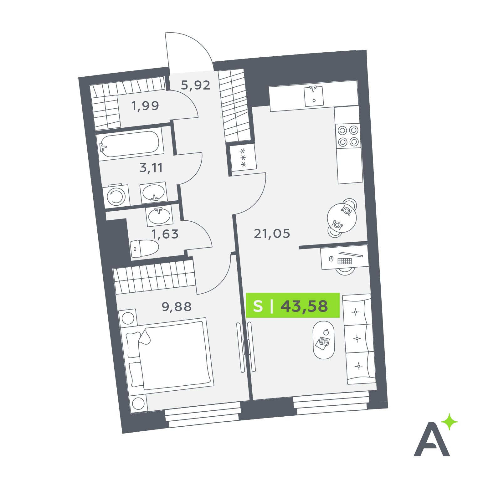 Планировка: 2-комнатная квартира, 43,6 м²