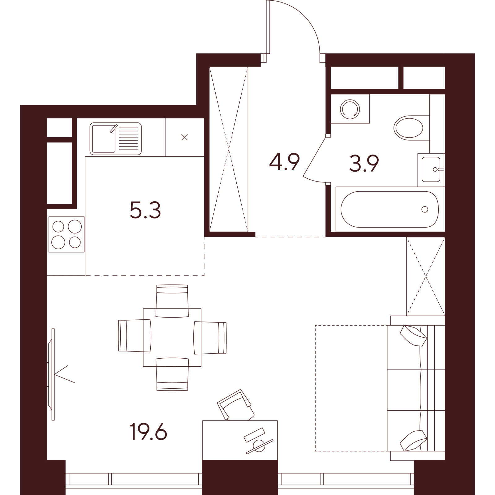 Планировка: студия, 33,7 м²