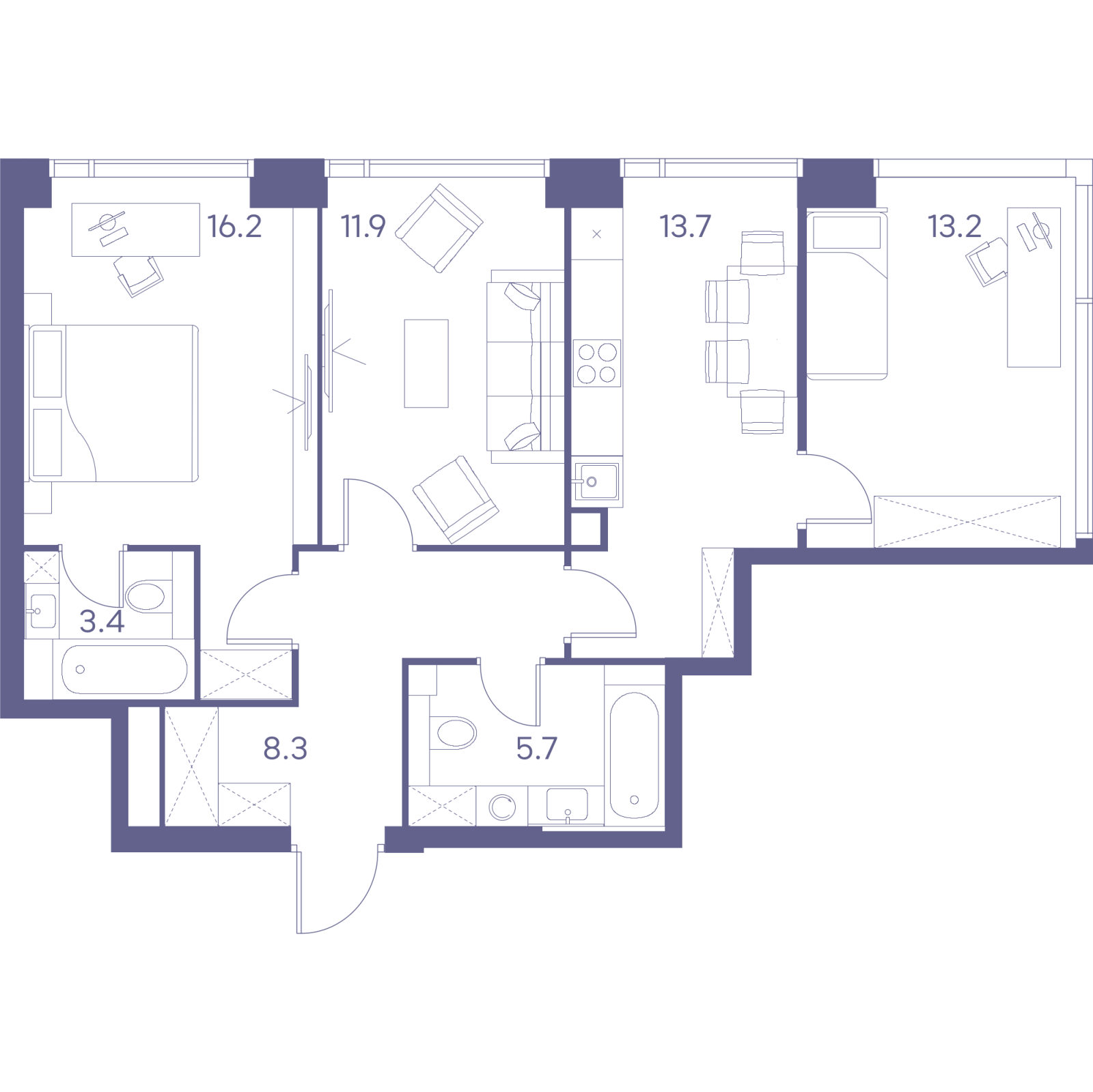 Планировка: 3-комнатная квартира, 72,4 м²