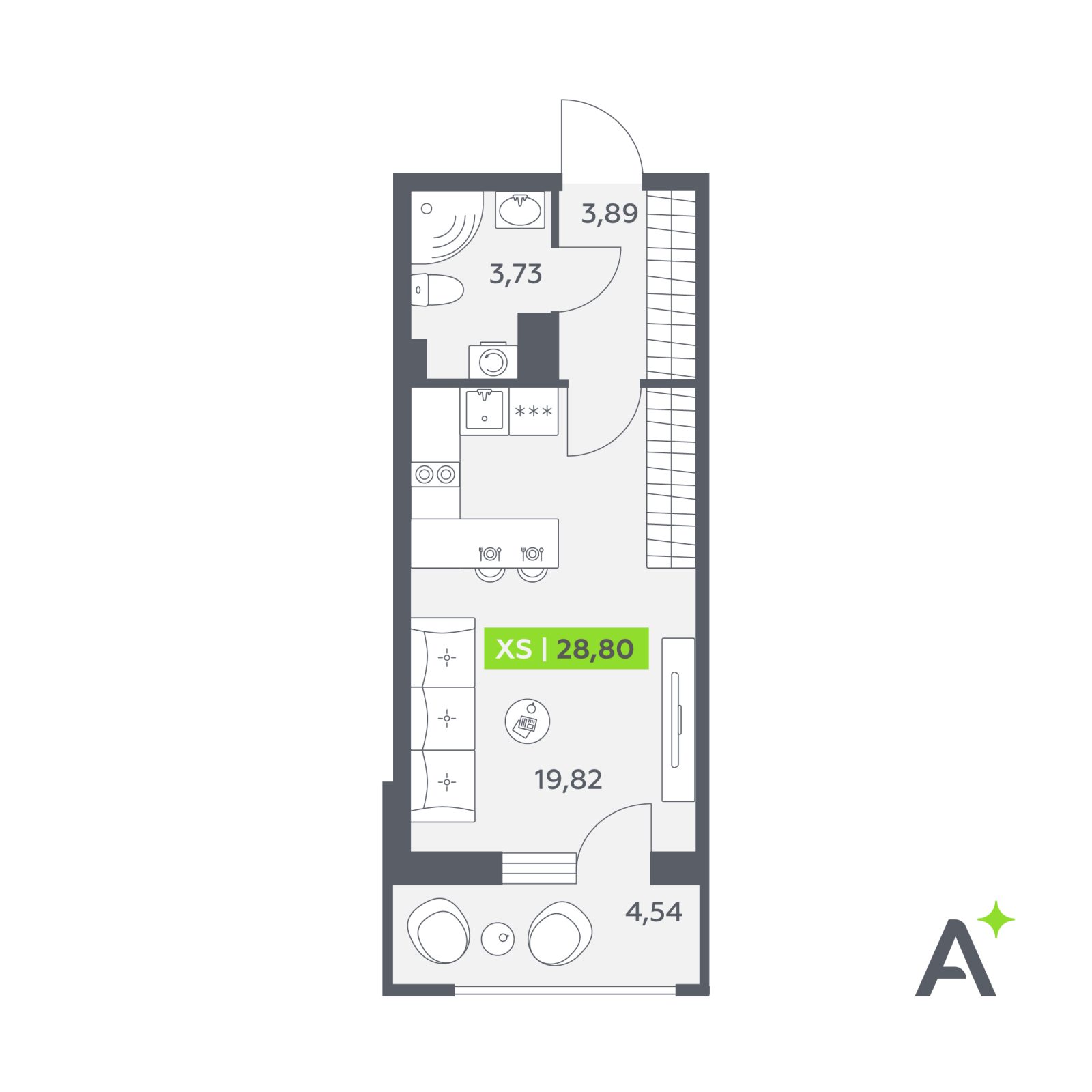 Планировка: студия, 28,8 м²
