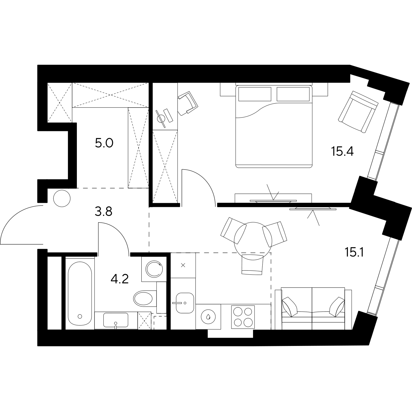Планировка: 1-комнатная квартира, 43,5 м²
