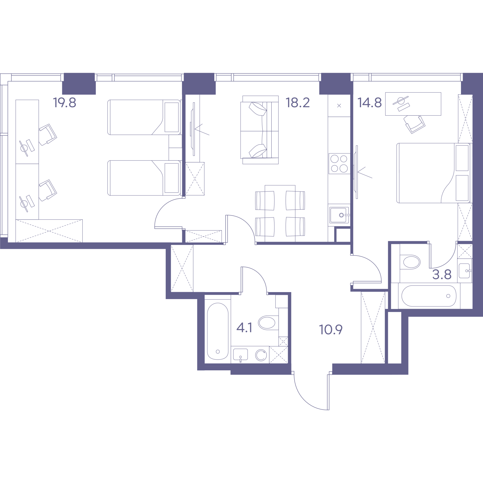 Планировка: 3-комнатная квартира, 71,6 м²