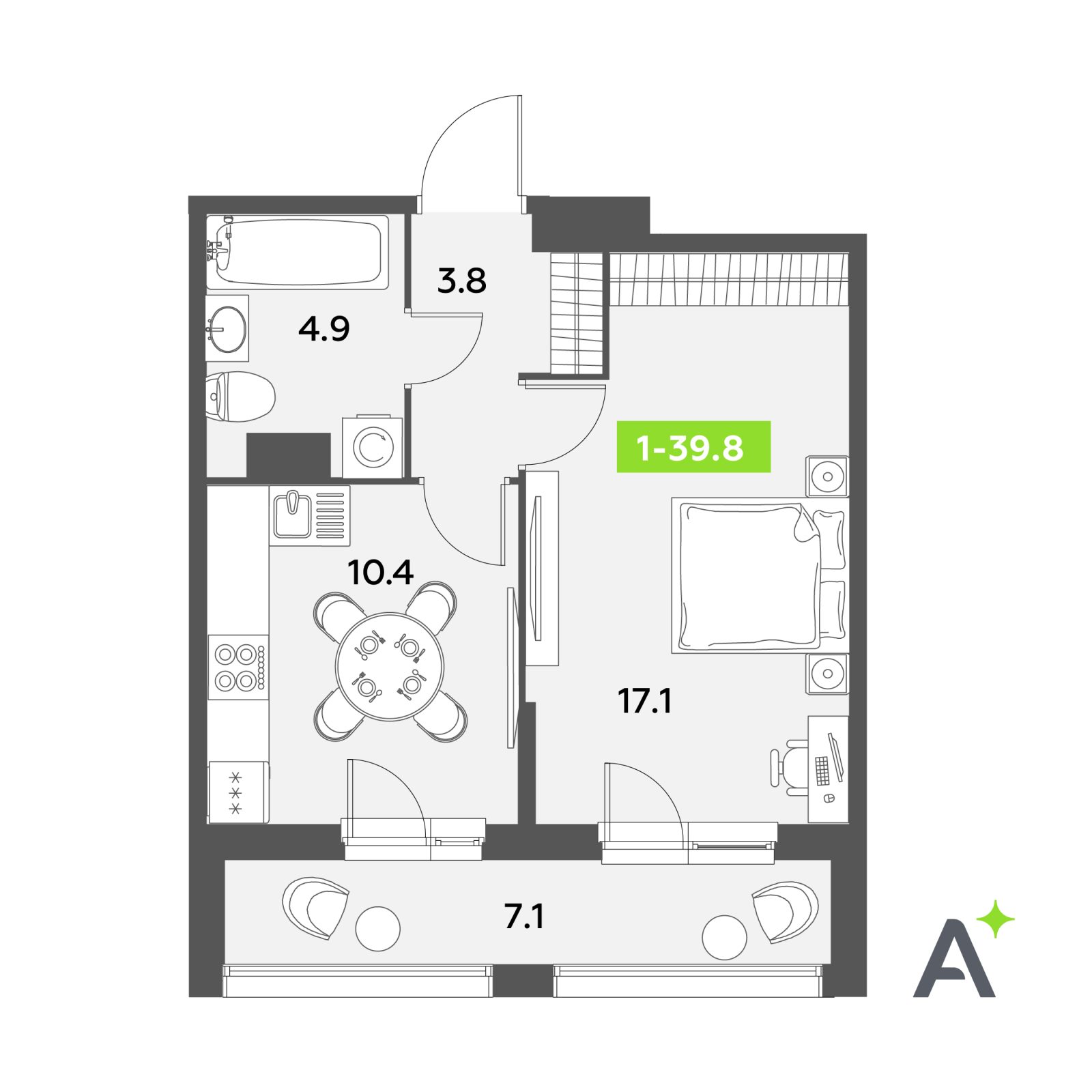 Планировка: 1-комнатная квартира, 39,8 м²