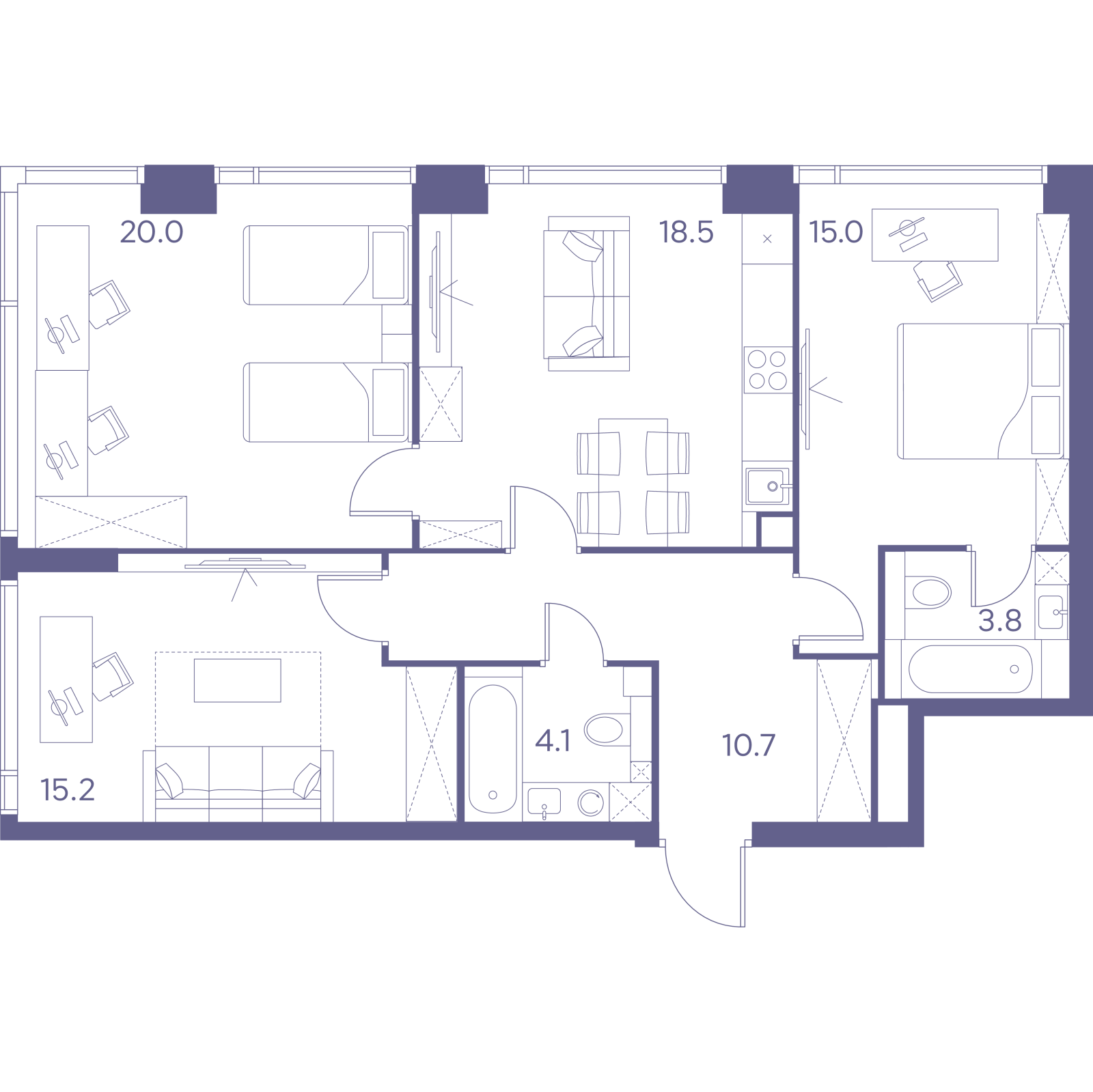 Планировка: 4-комнатная квартира, 87,3 м²