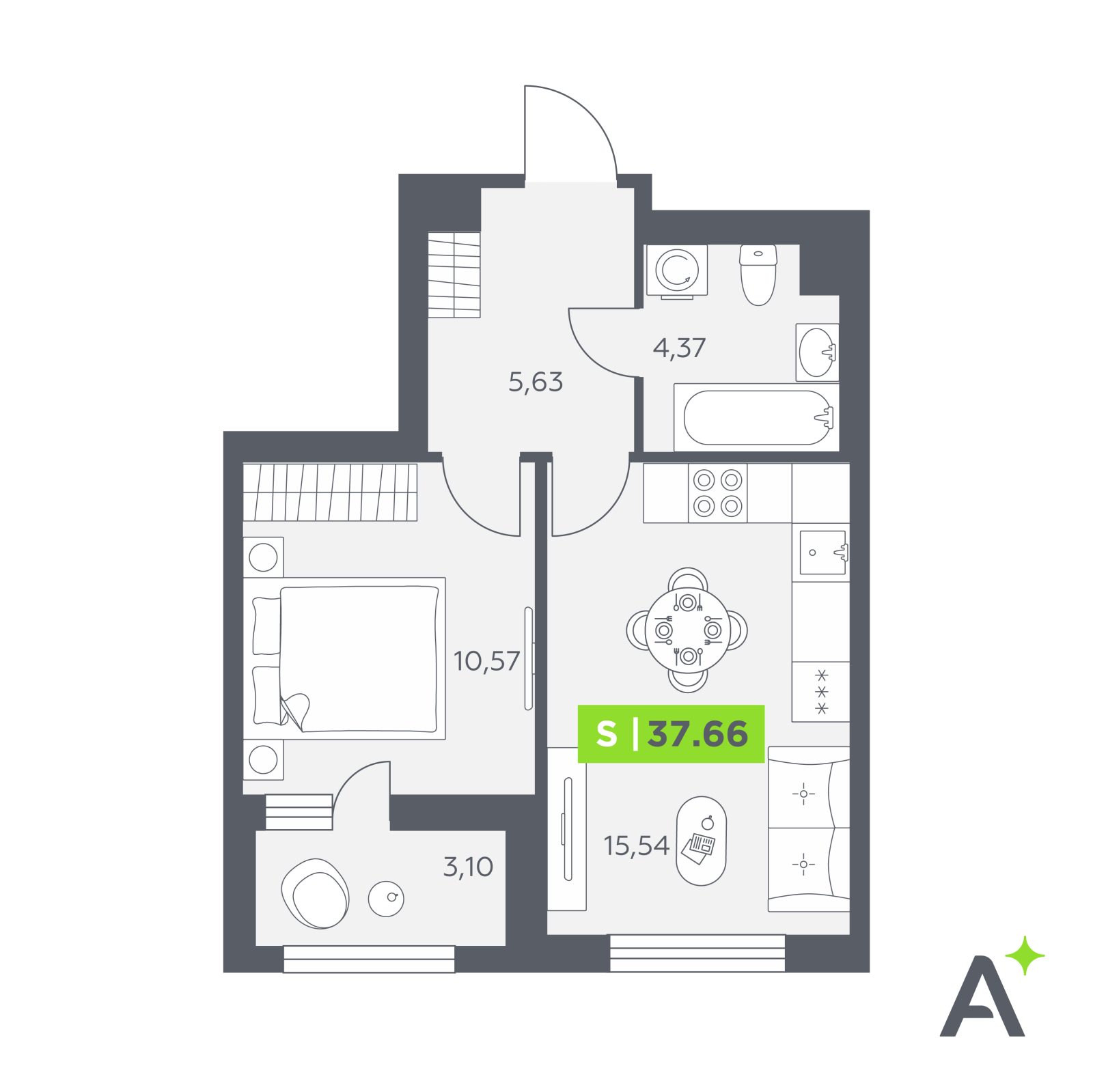 Планировка: 2-комнатная квартира, 37,7 м²