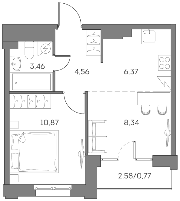 Планировка: 2-комнатная квартира, 34,4 м²
