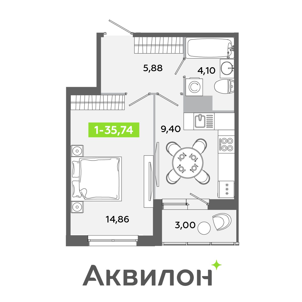 Планировка: 1-комнатная квартира, 35,7 м²