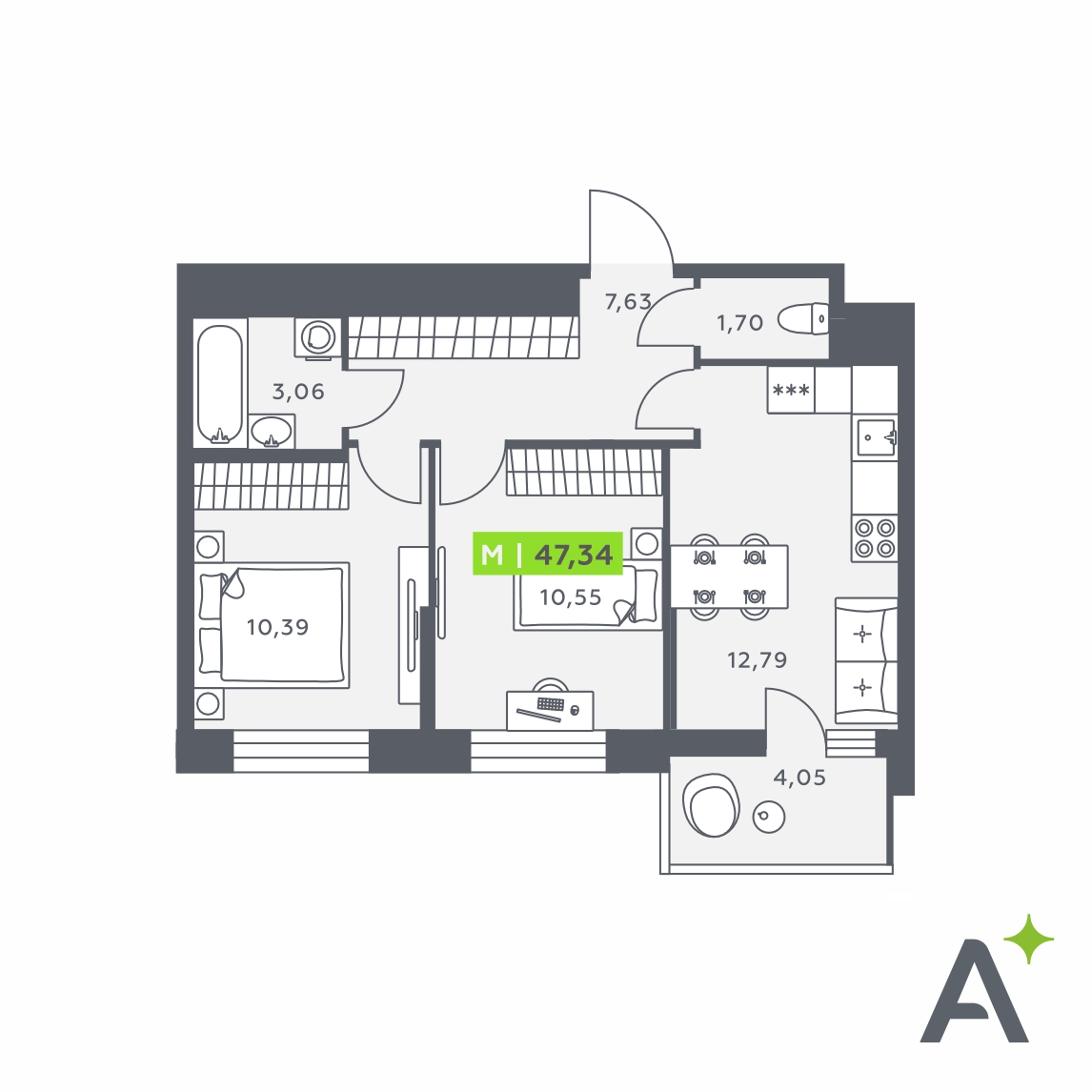 Планировка: 3-комнатная квартира, 47,3 м²