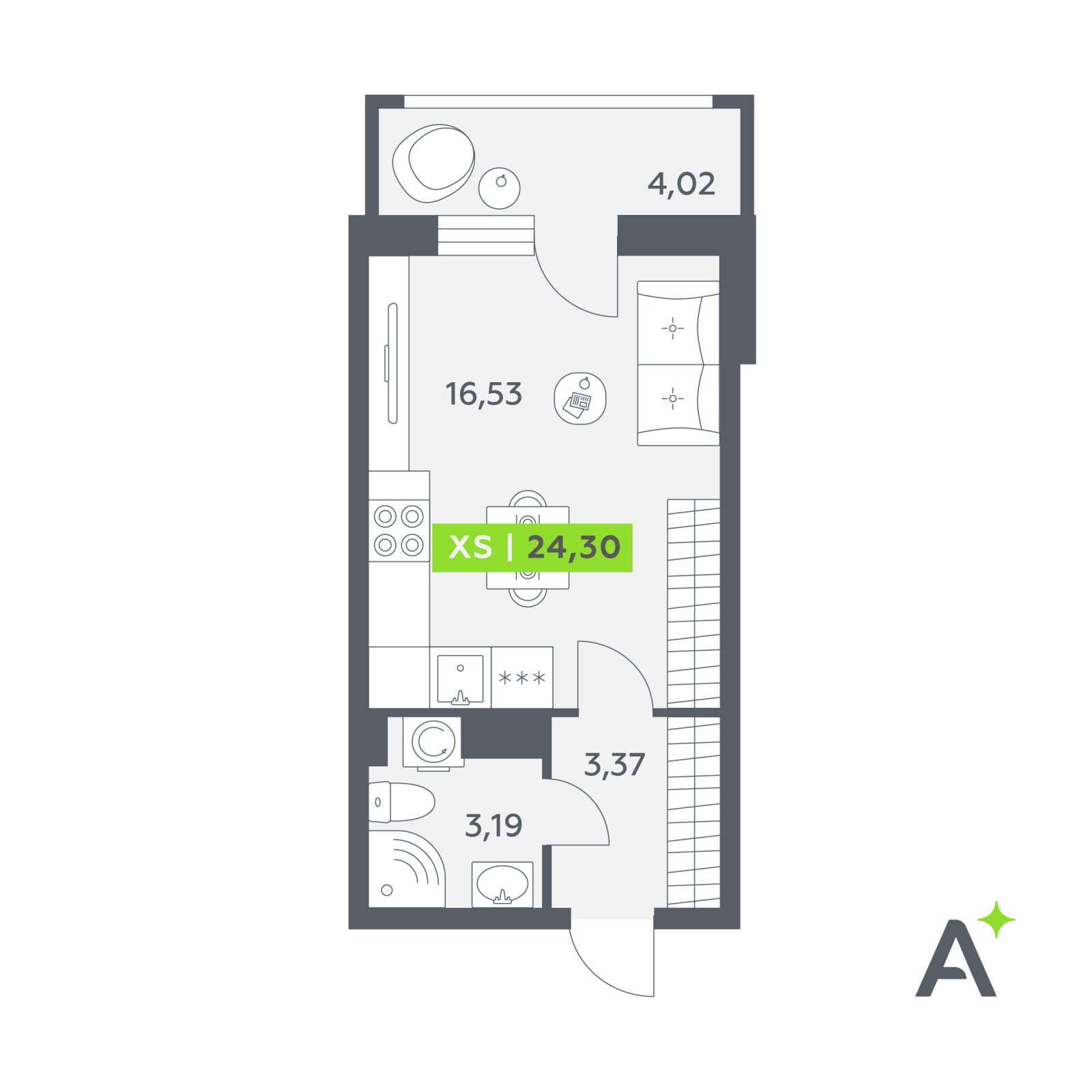 Планировка: студия, 24,3 м²