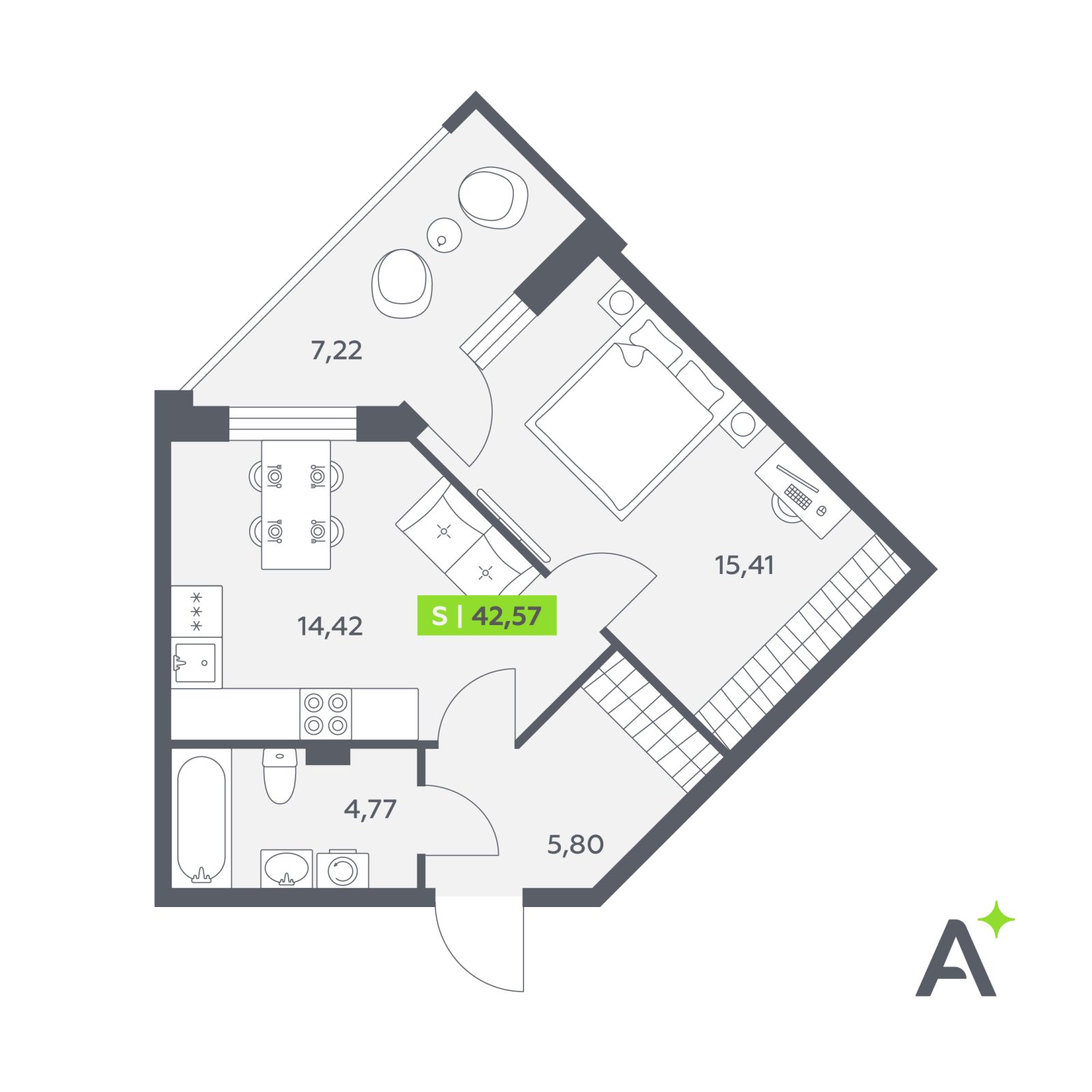 Планировка: 2-комнатная квартира, 42,6 м²
