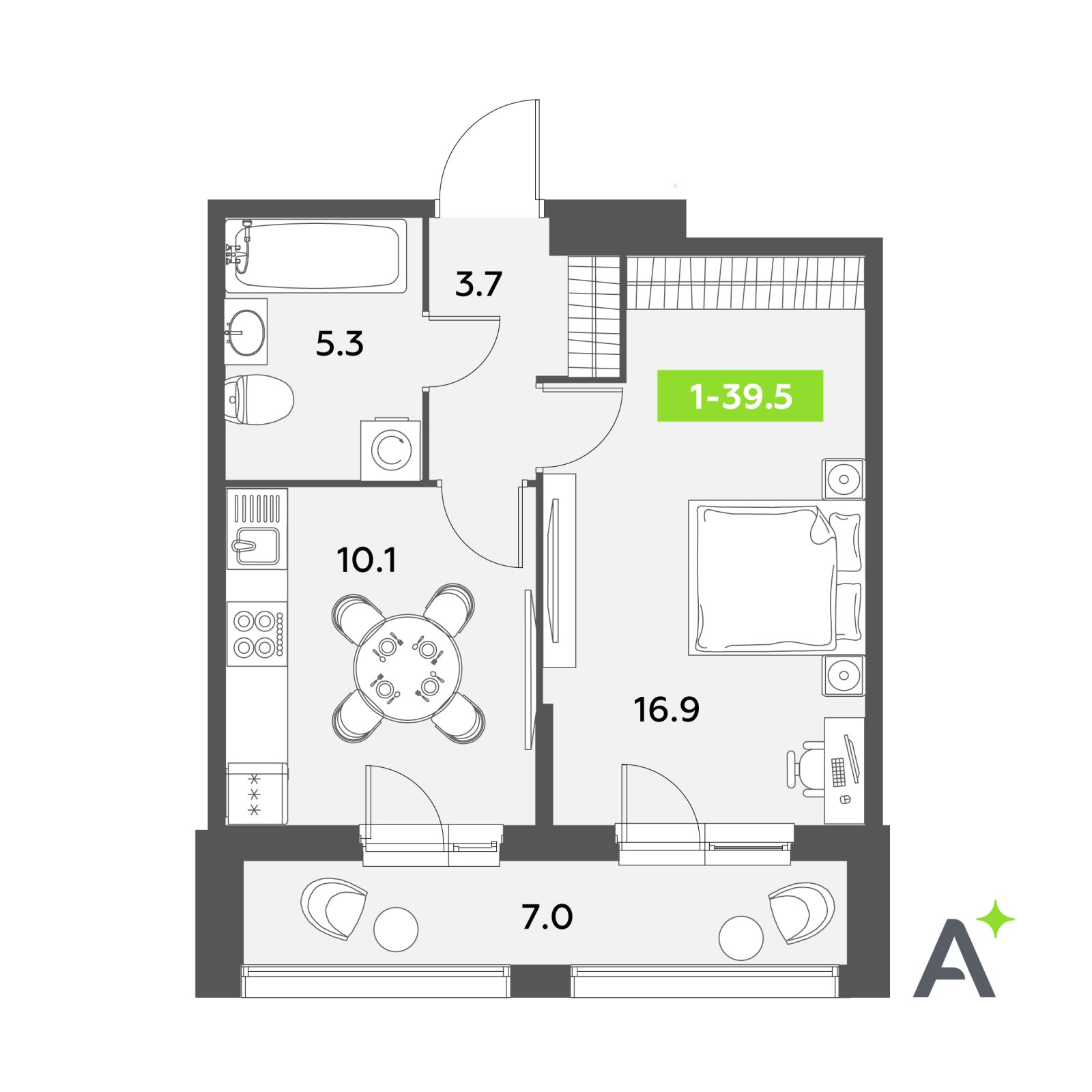 Планировка: 1-комнатная квартира, 39,5 м²