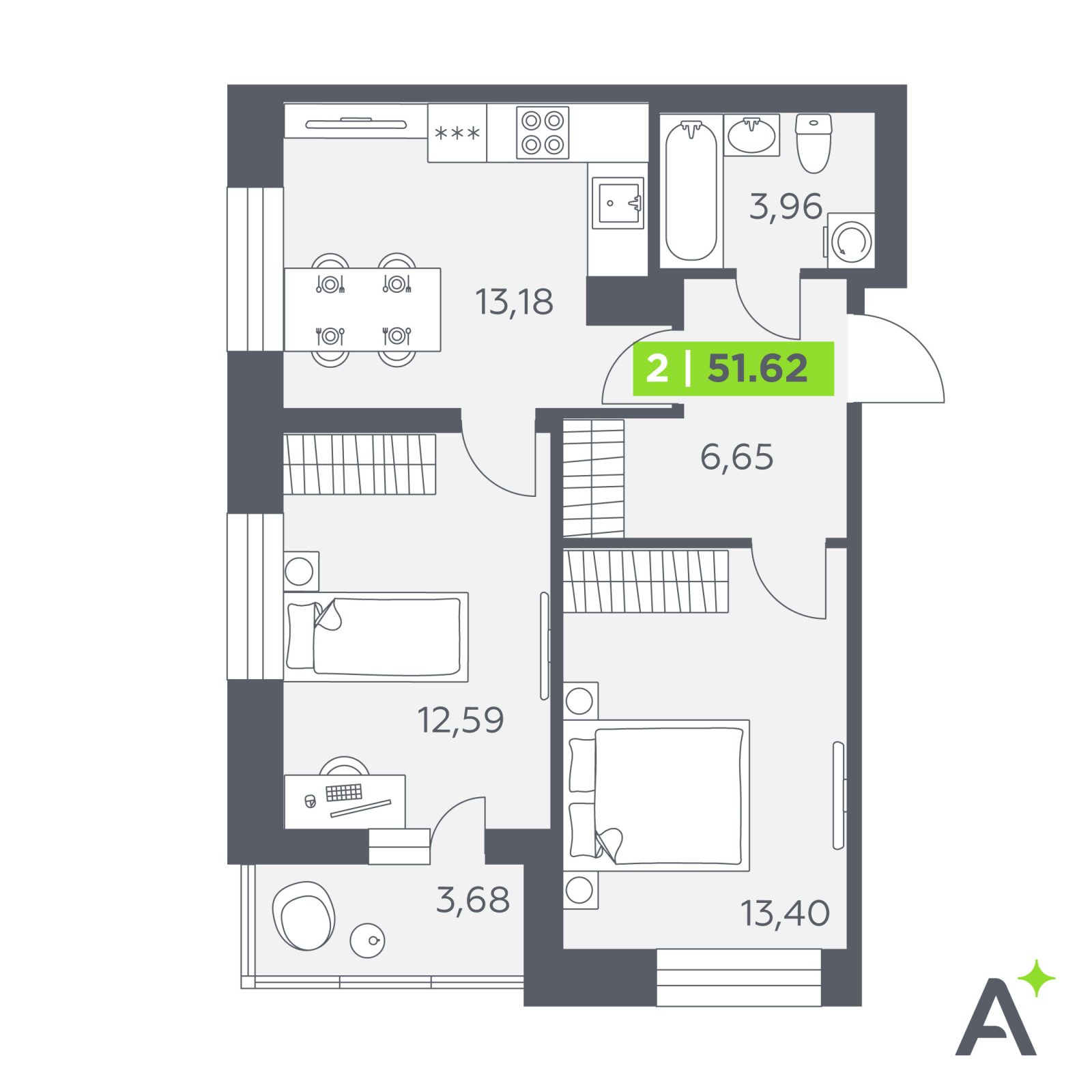 Планировка: 2-комнатная квартира, 51,6 м²