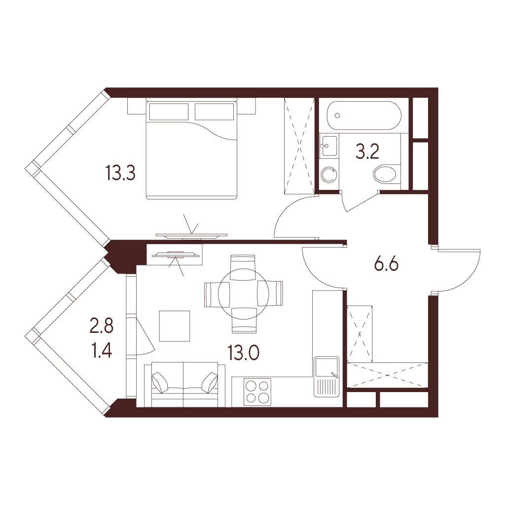 Планировка: 2-комнатная квартира, 37,5 м²