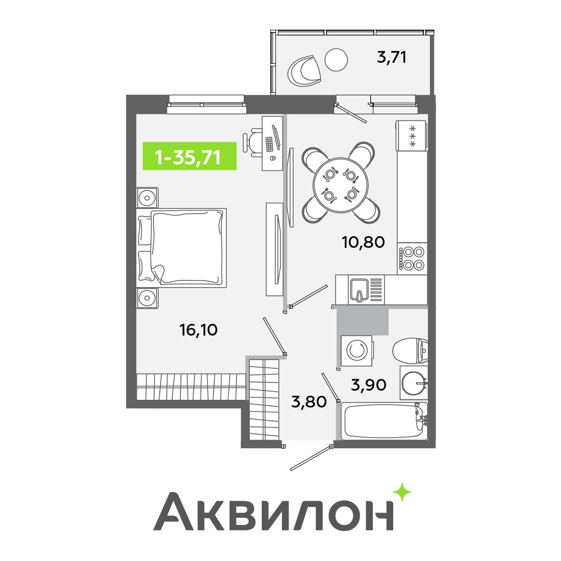 Планировка: 1-комнатная квартира, 35,7 м²