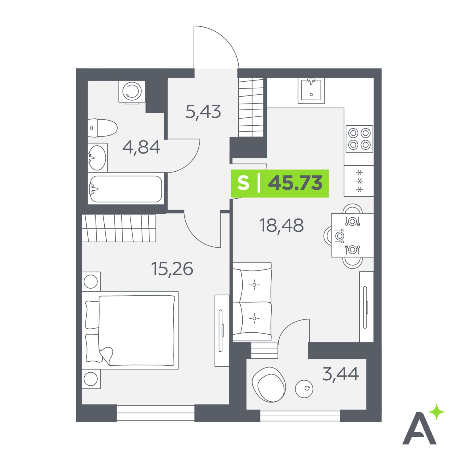 Планировка: 2-комнатная квартира, 45,7 м²