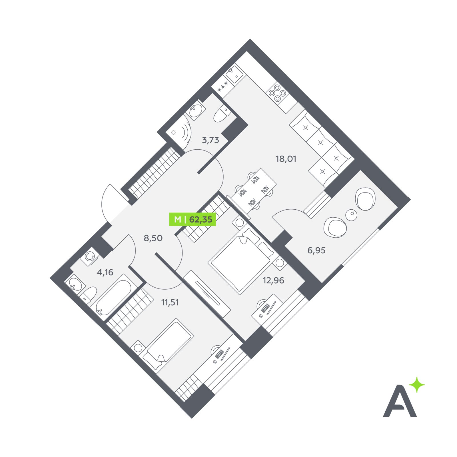 Планировка: 3-комнатная квартира, 62,4 м²