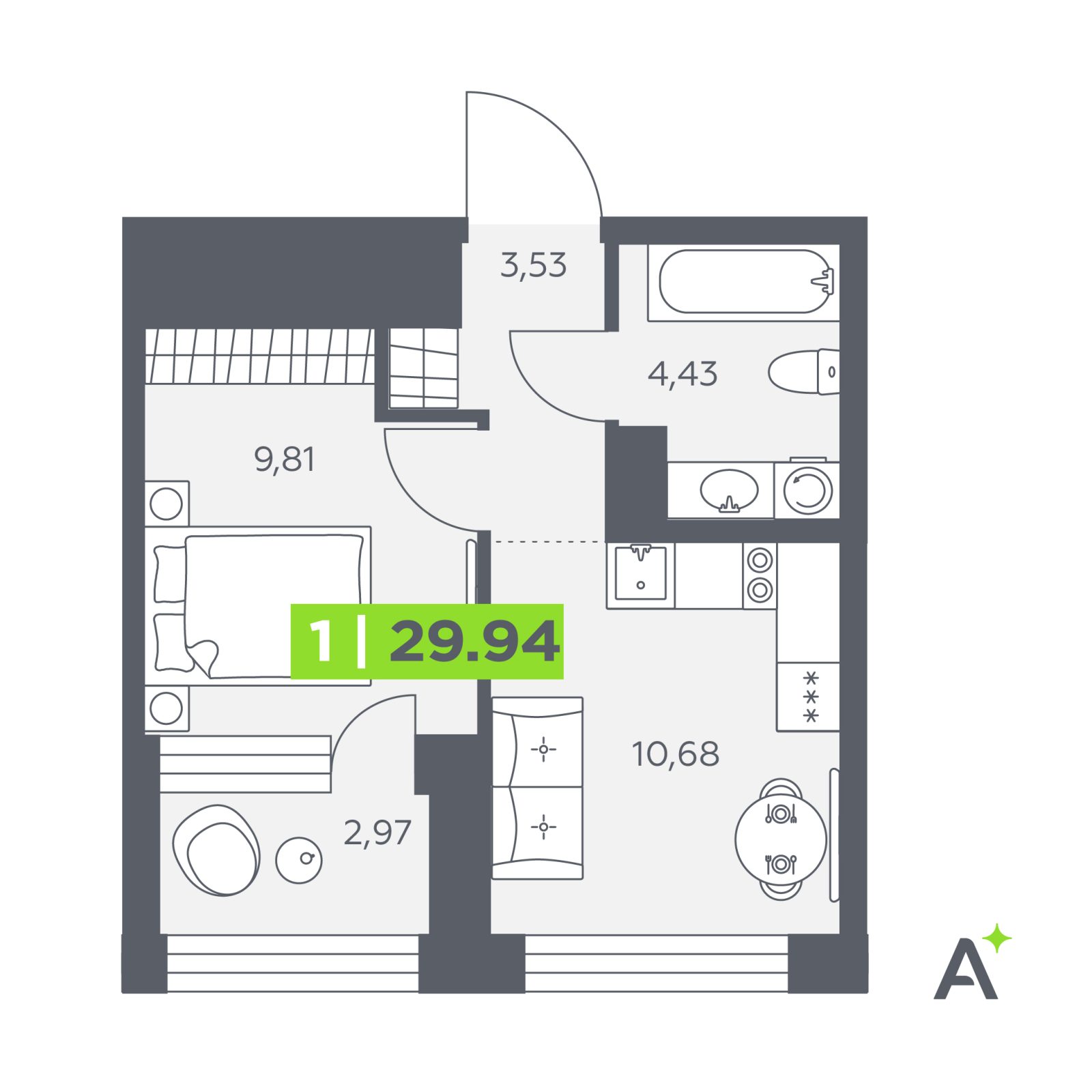 Планировка: 1-комнатная квартира, 29,9 м²