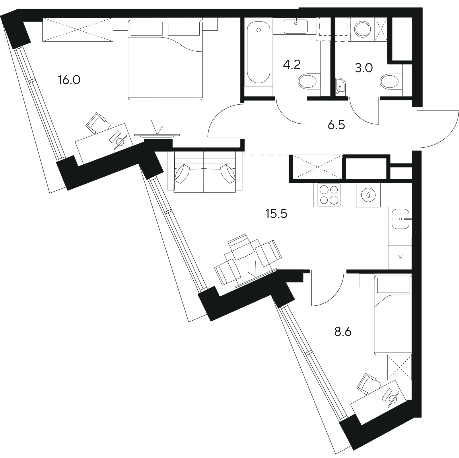 Планировка: 3-комнатная квартира, 53,8 м²