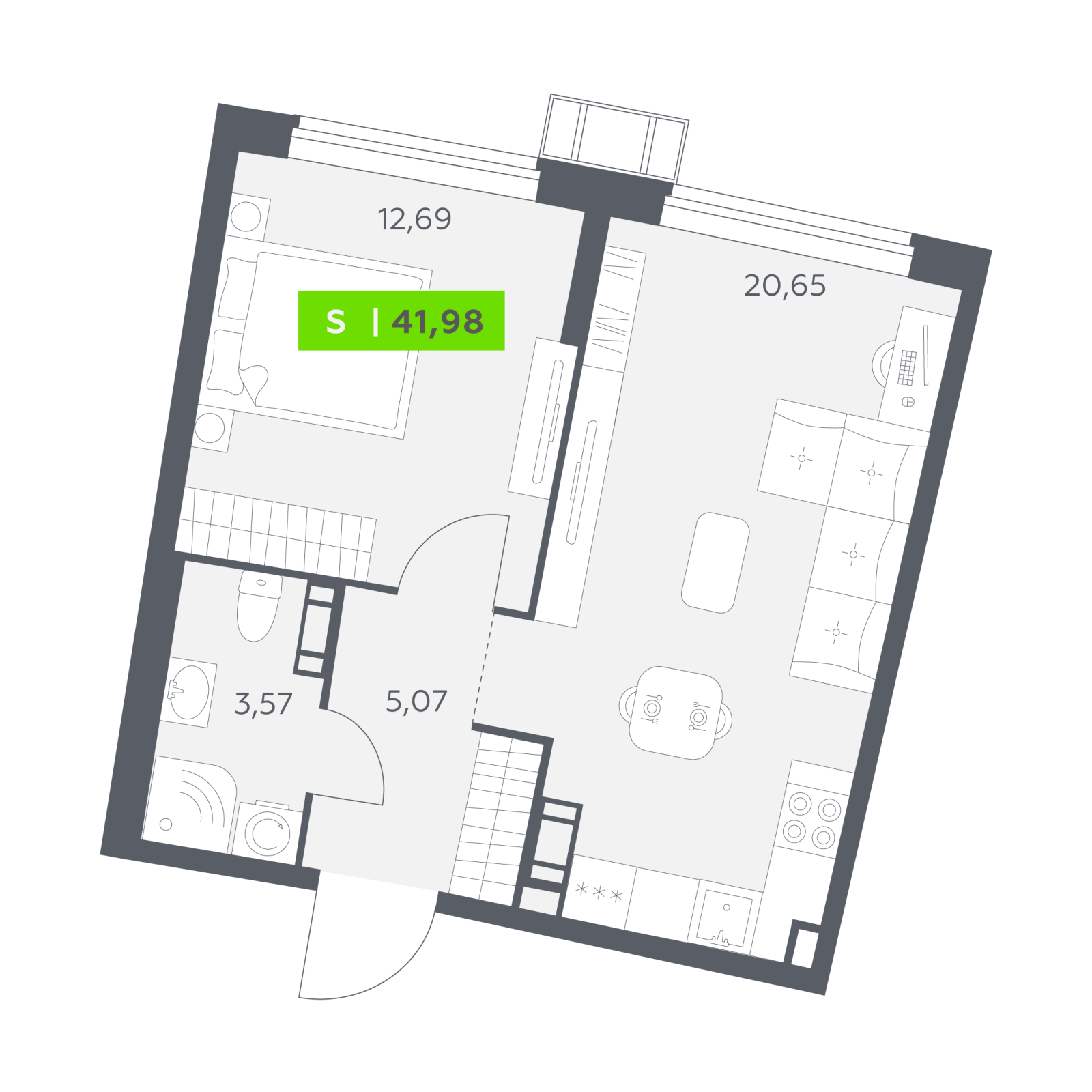 Планировка: 2-комнатная квартира, 42,0 м²