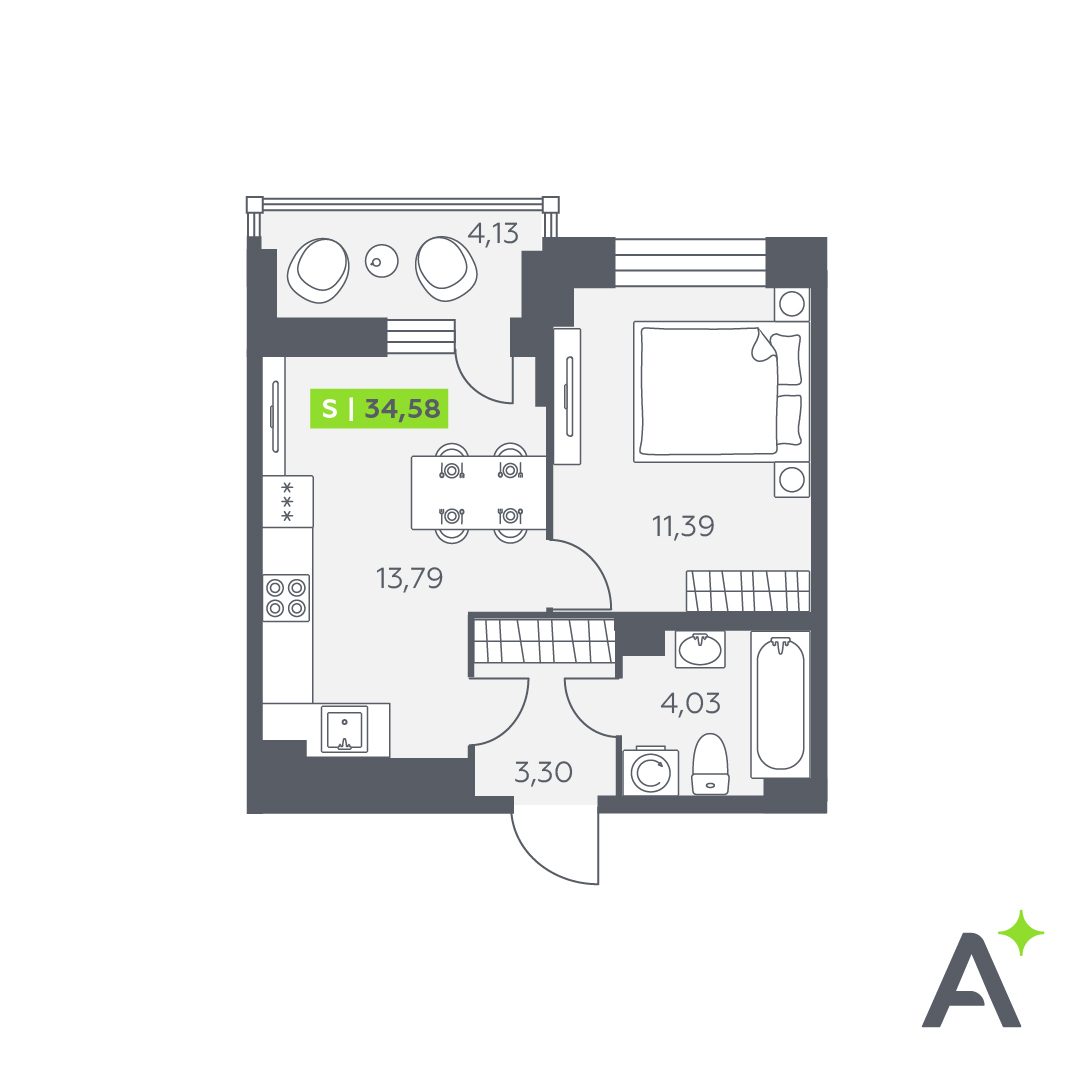 Планировка: 2-комнатная квартира, 34,6 м²
