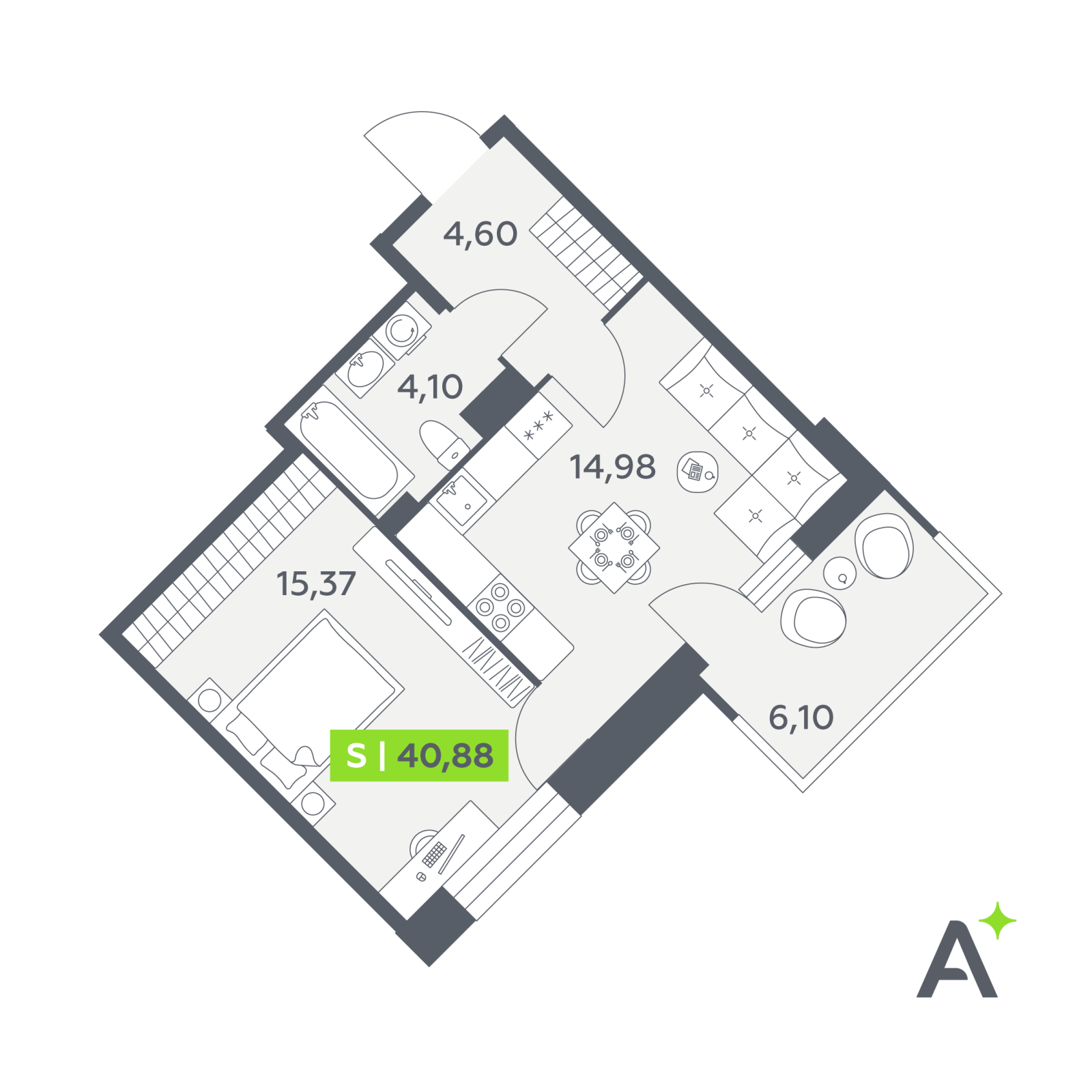 Планировка: 2-комнатная квартира, 40,9 м²