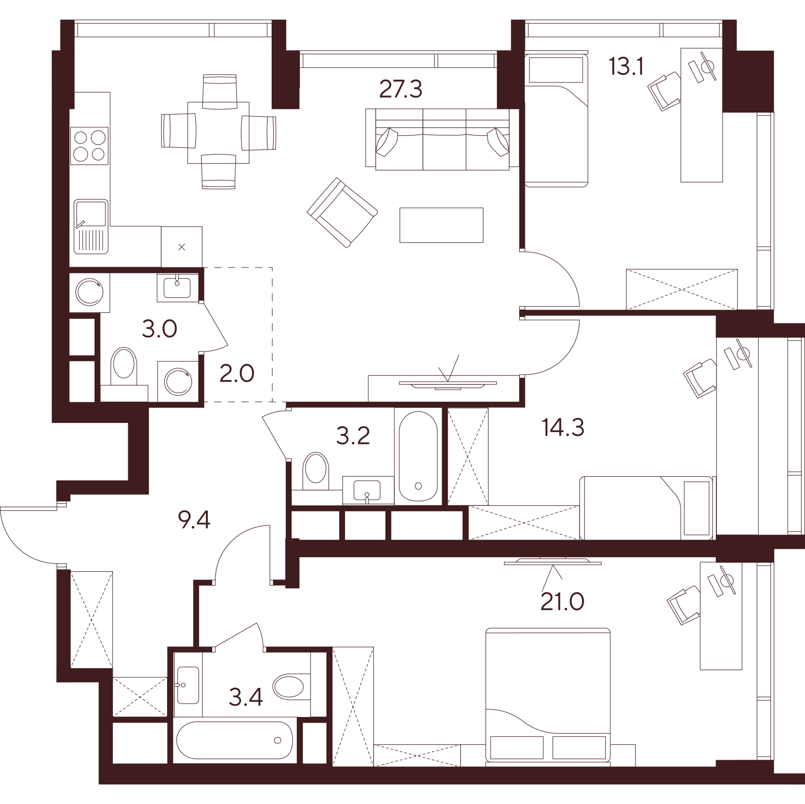 Планировка: 4-комнатная квартира, 96,7 м²