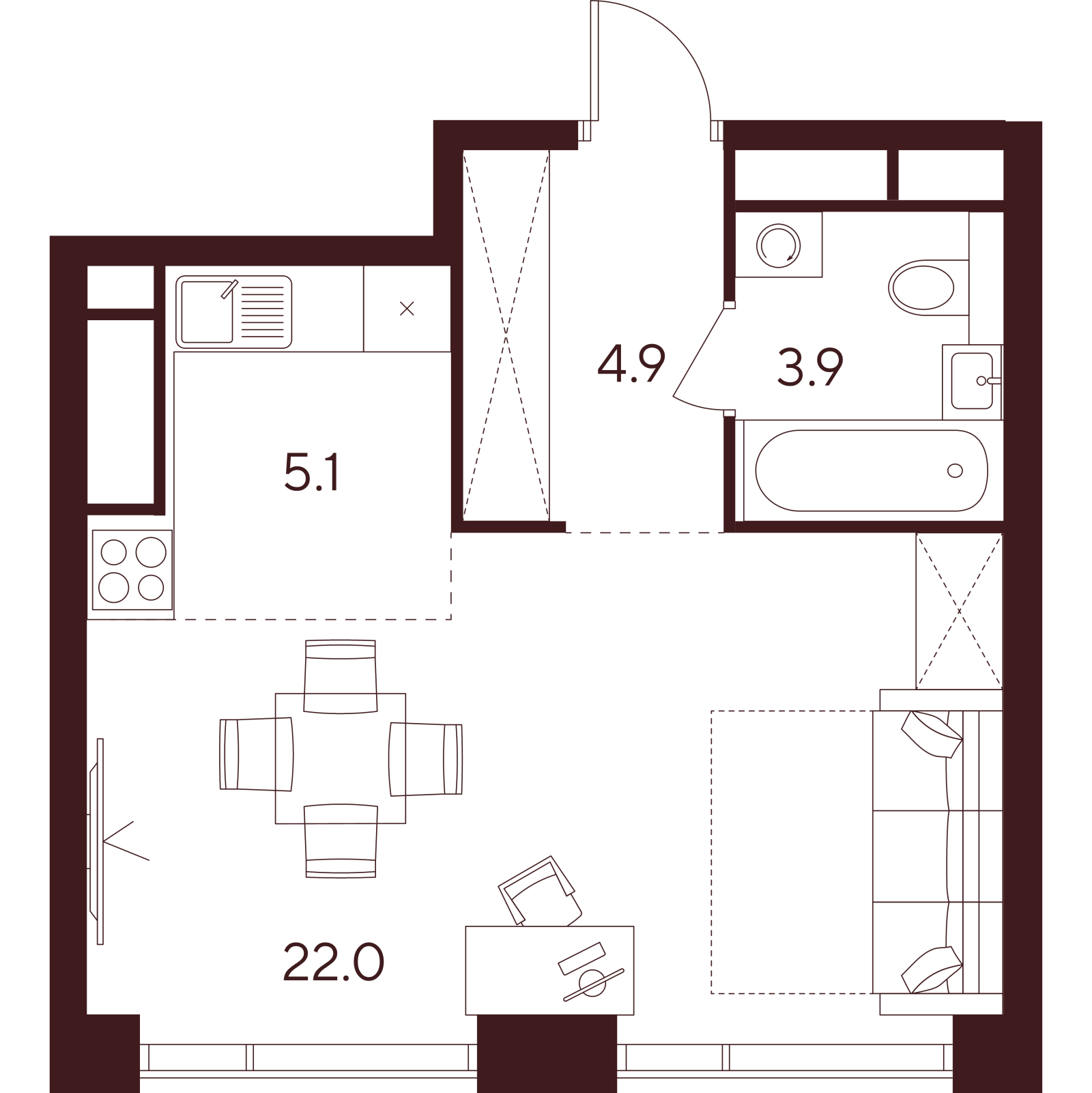 Планировка: студия, 35,9 м²