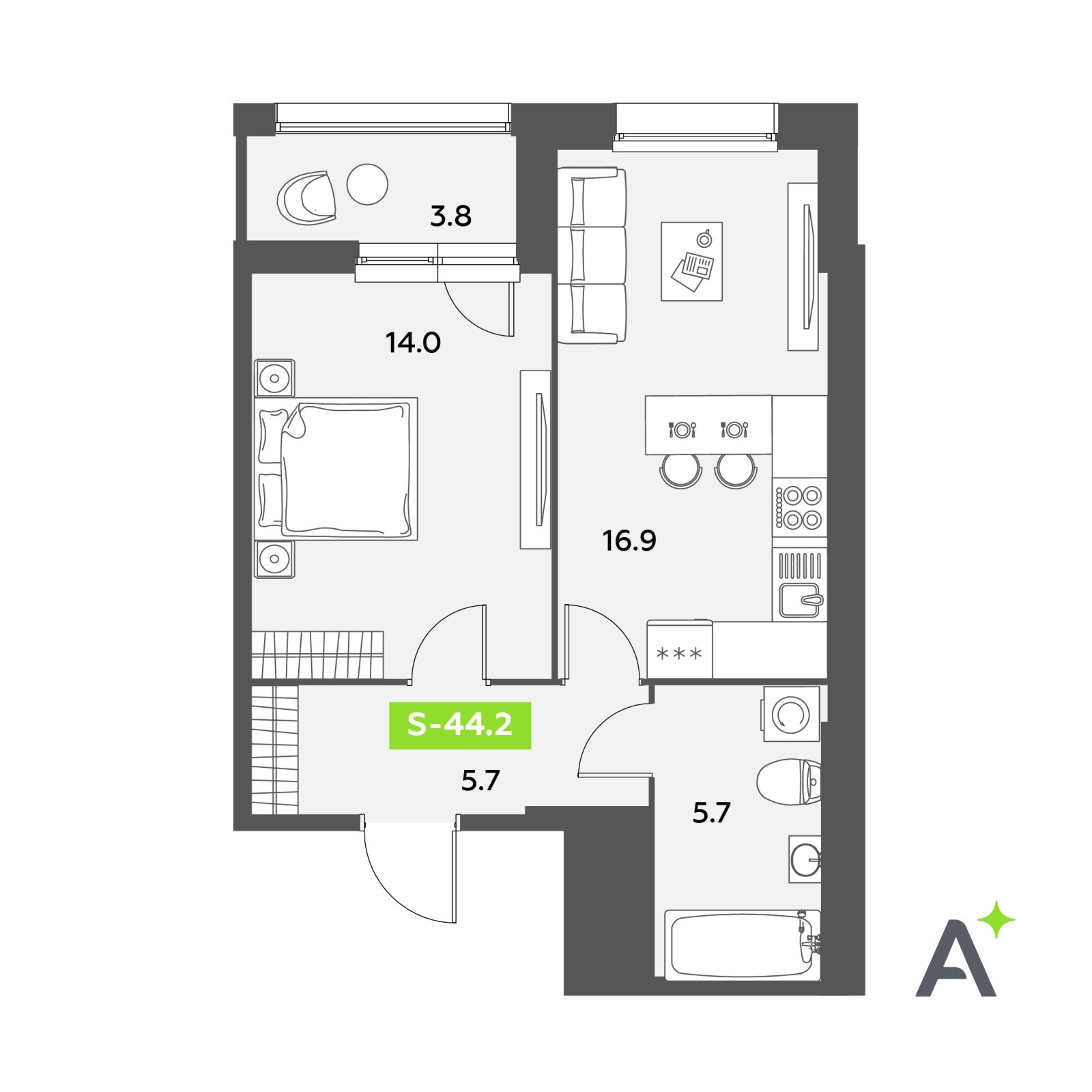 Планировка: 2-комнатная квартира, 44,2 м²