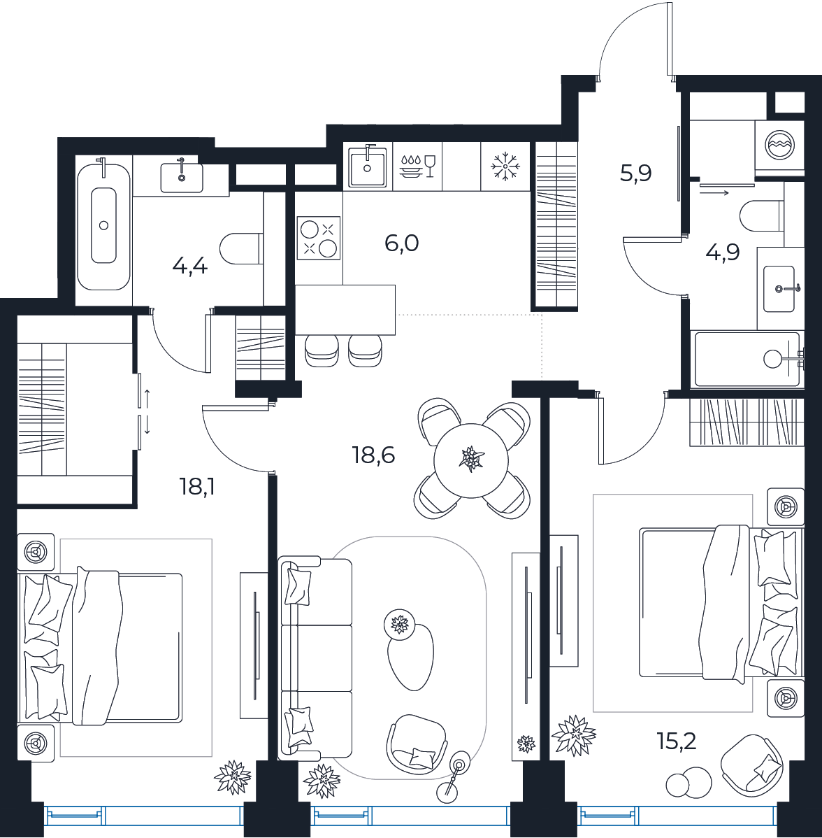 Планировка: 2-комнатная квартира, 73,1 м²