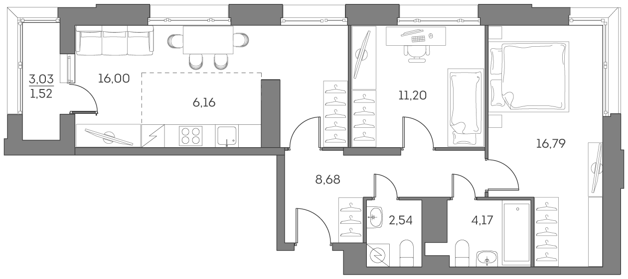 Планировка: 3-комнатная квартира, 67,1 м²