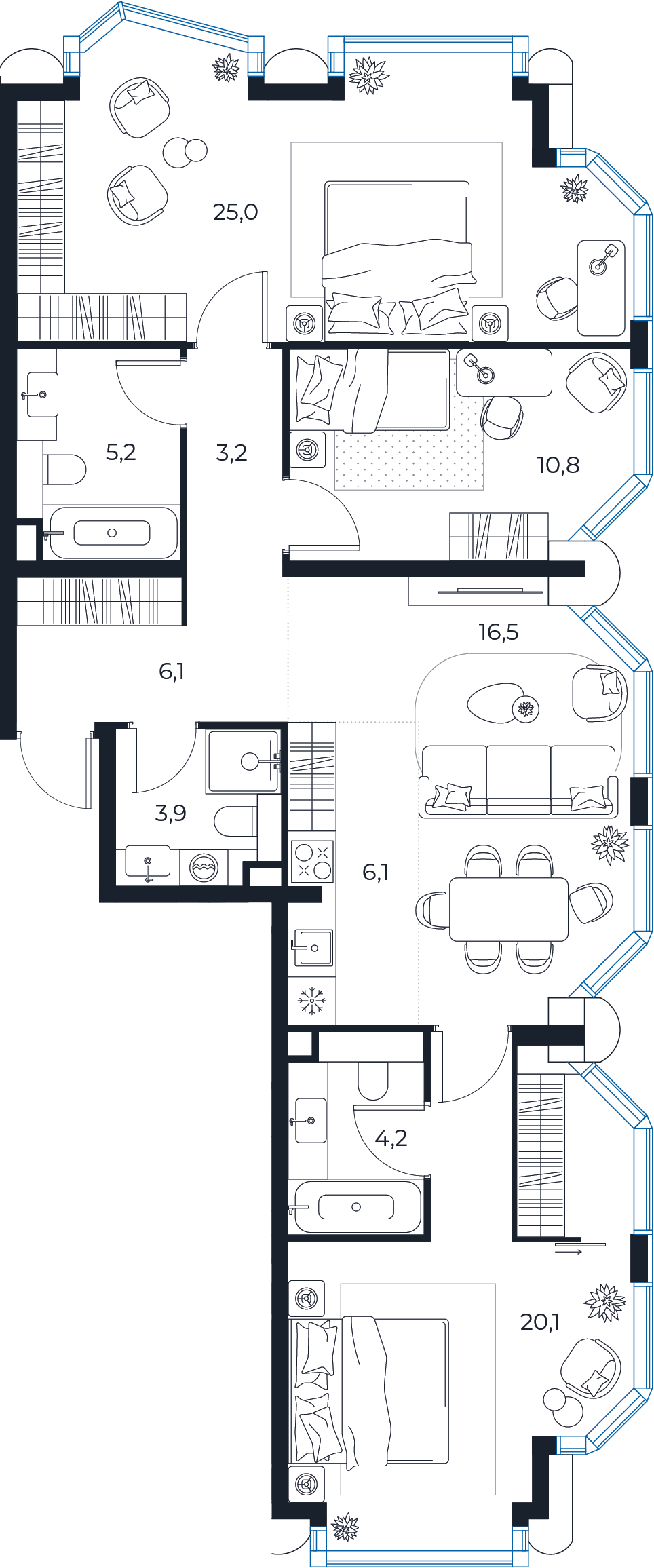 Планировка: 3-комнатная квартира, 101,1 м²