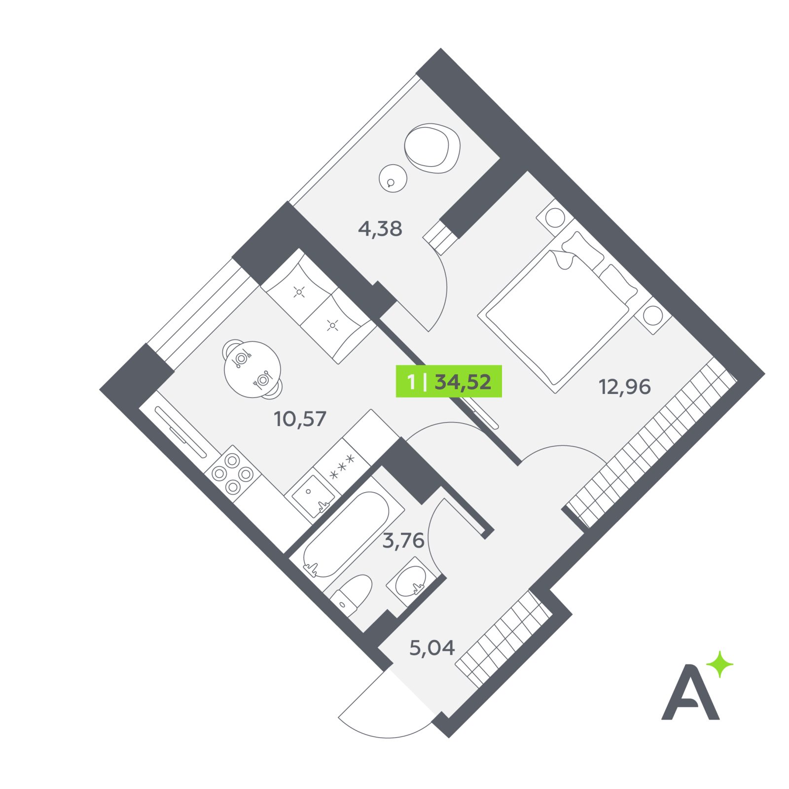Планировка: 1-комнатная квартира, 34,5 м²