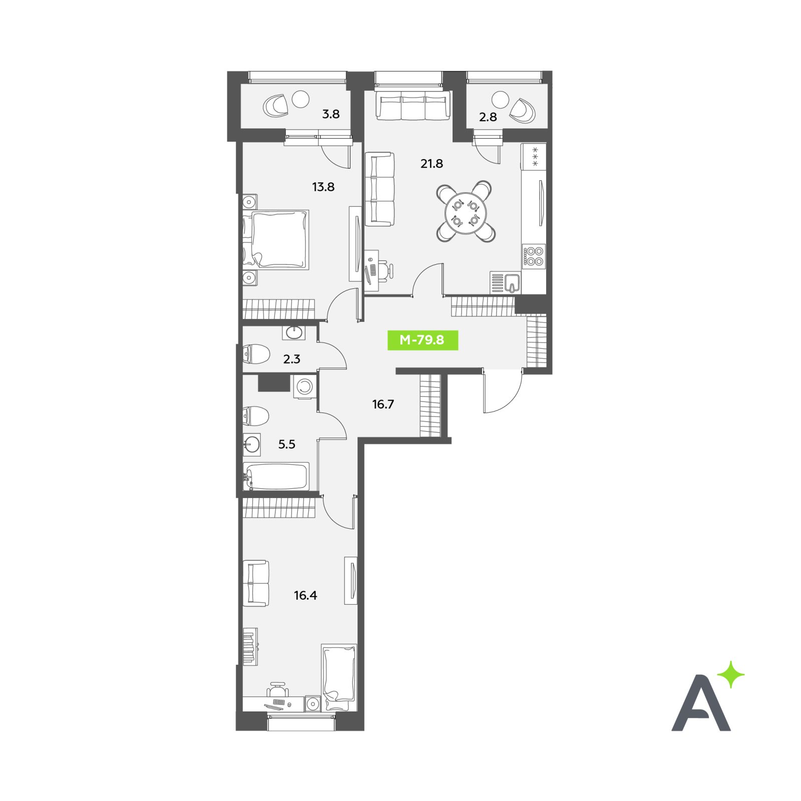 Планировка: 3-комнатная квартира, 79,8 м²