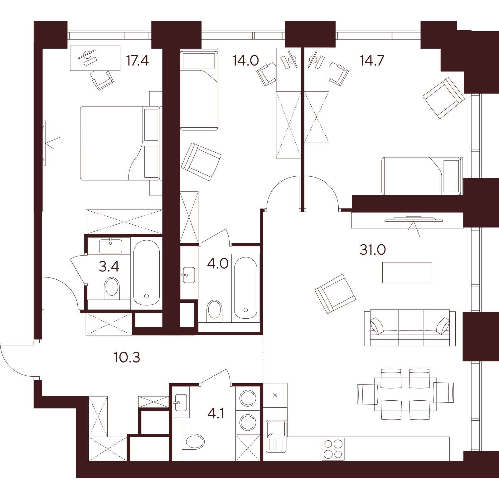 Планировка: 4-комнатная квартира, 98,9 м²