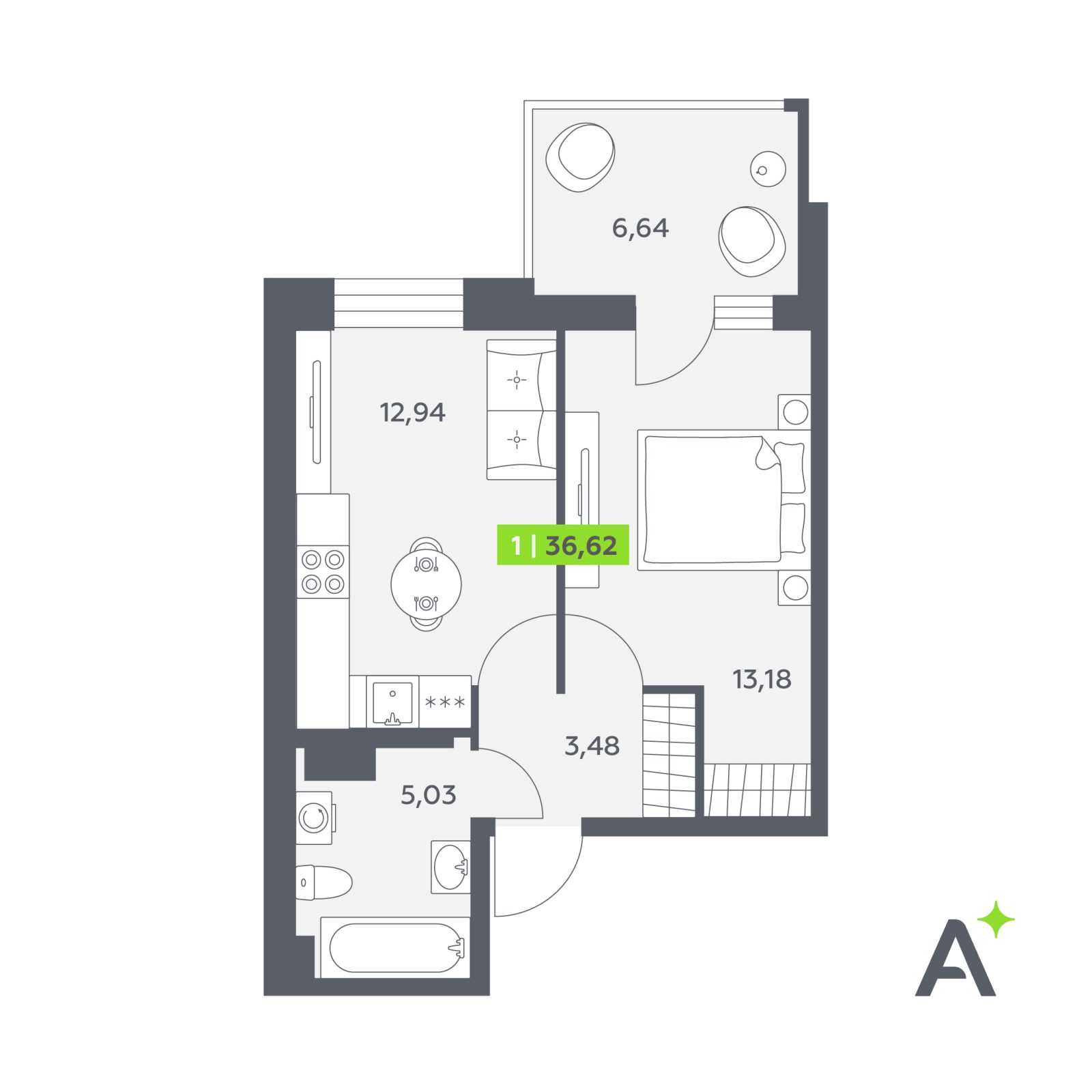 Планировка: 1-комнатная квартира, 36,6 м²