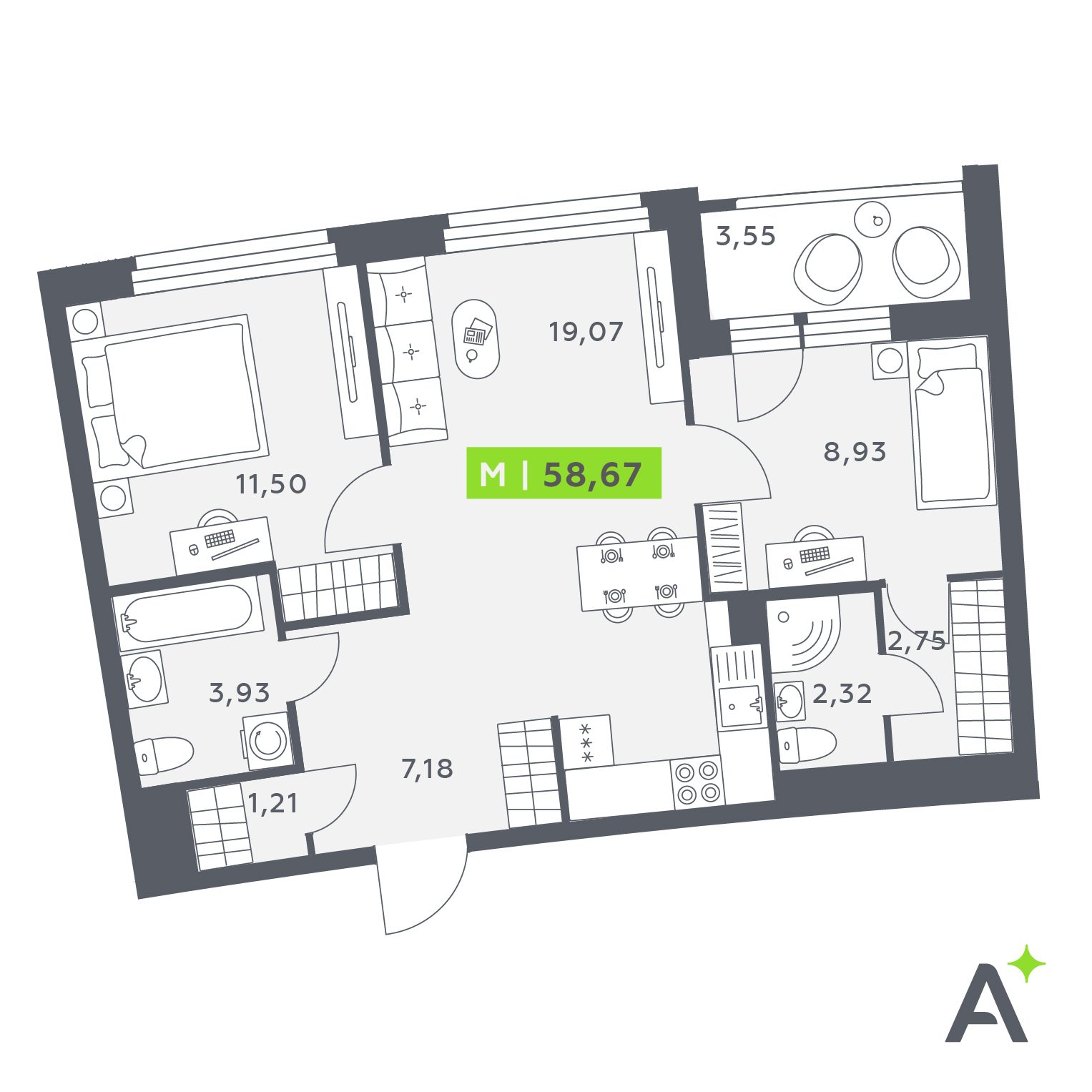 Планировка: 3-комнатная квартира, 58,7 м²