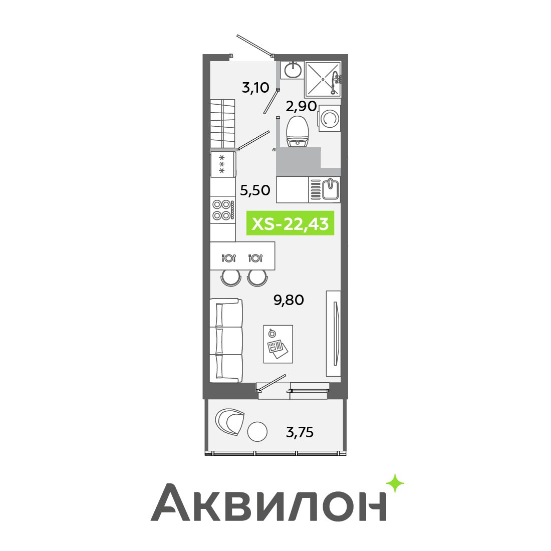 Планировка: студия, 22,4 м²
