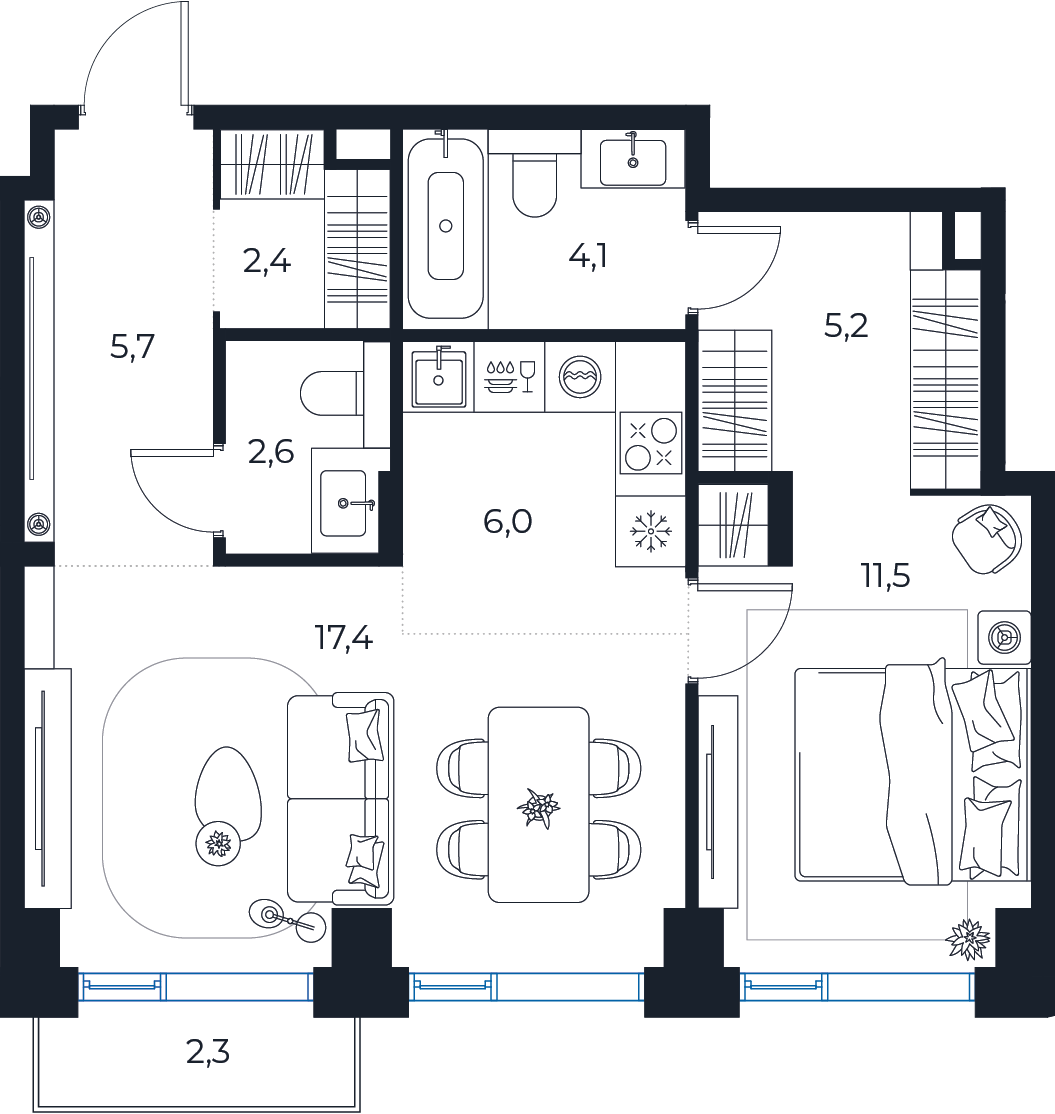 Планировка: 1-комнатная квартира, 55,6 м²