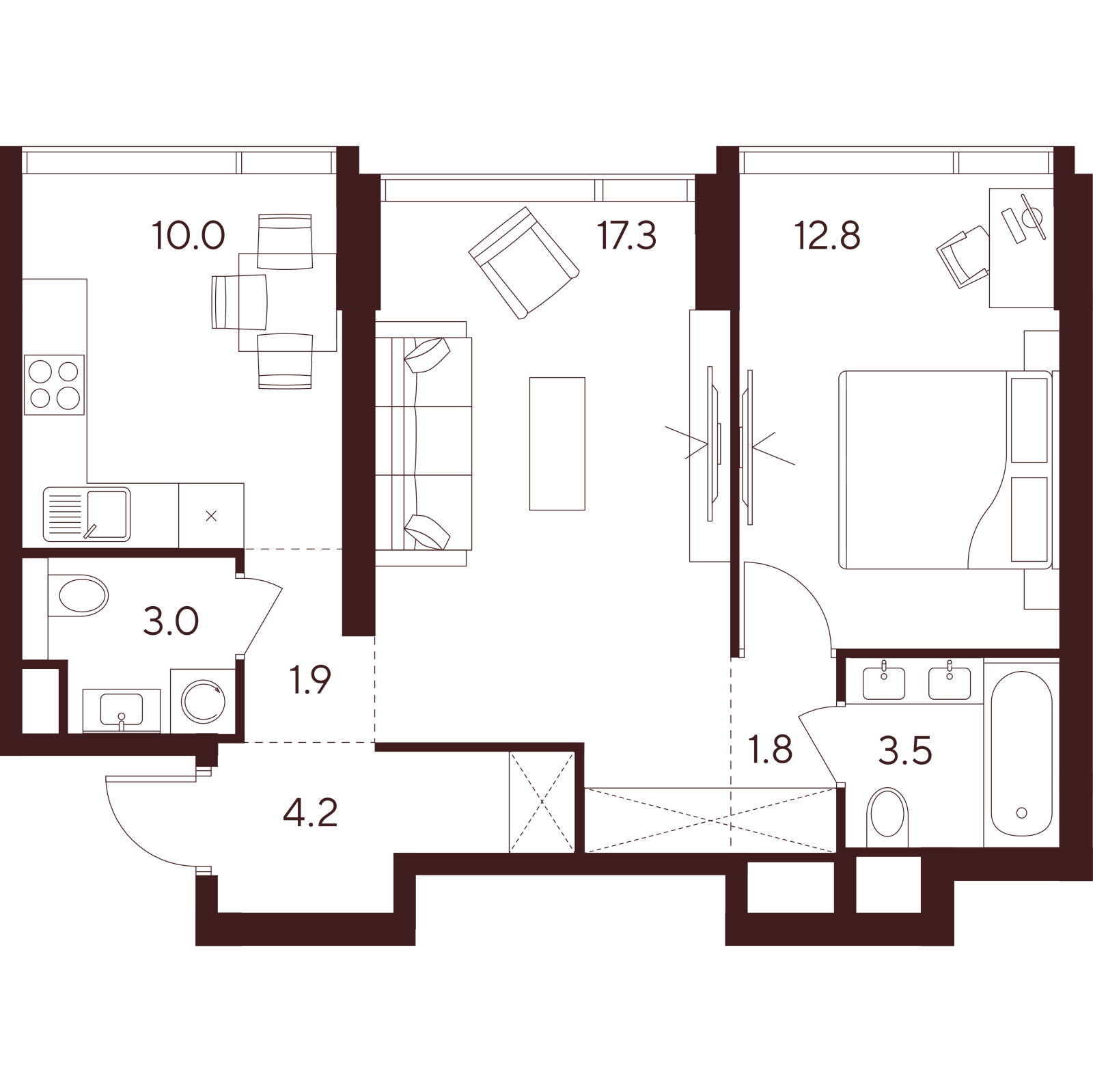 Планировка: 2-комнатная квартира, 54,5 м²