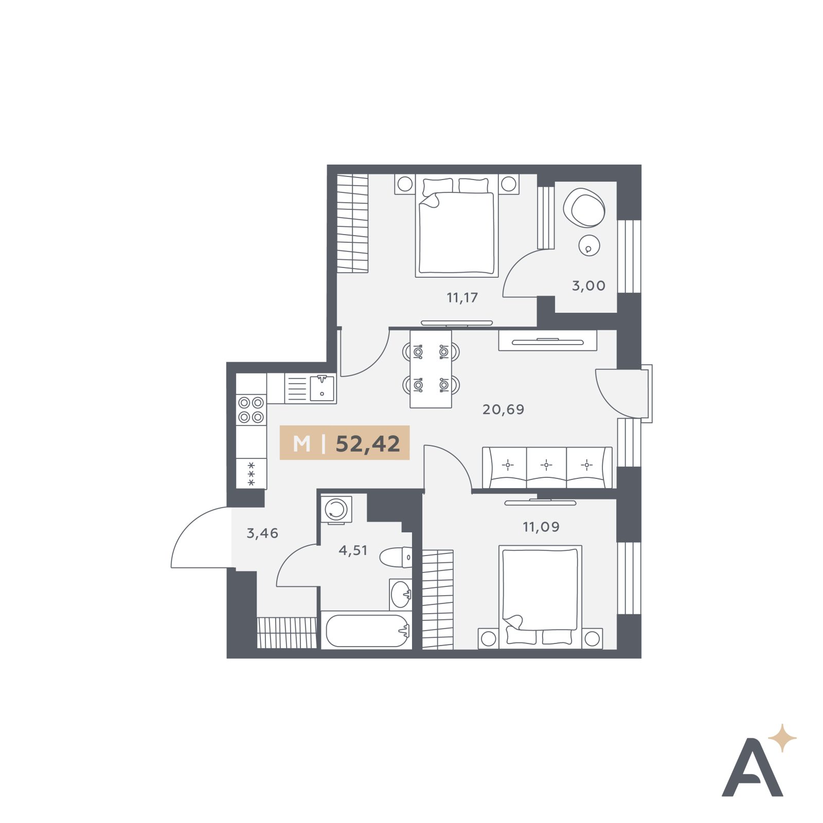 Планировка: 3-комнатная квартира, 52,4 м²