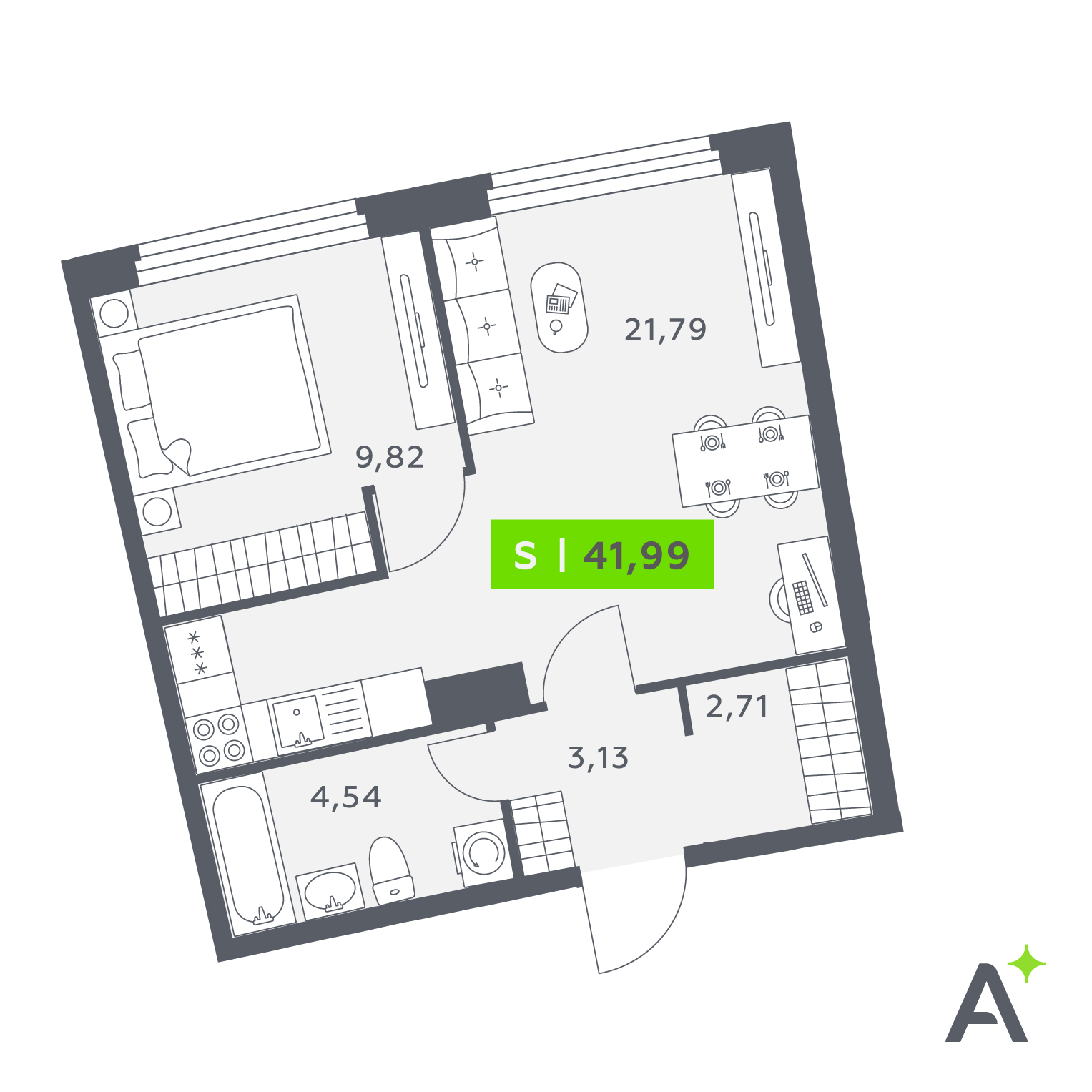 Планировка: 2-комнатная квартира, 42,0 м²