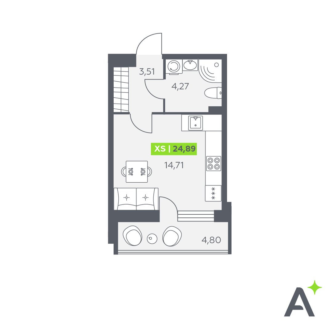Планировка: студия, 24,9 м²